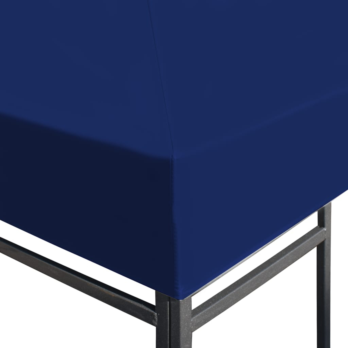 Un angolo di una tenda blu. Il tessuto è blu scuro e il telaio è in metallo. L'illuminazione è brillante.