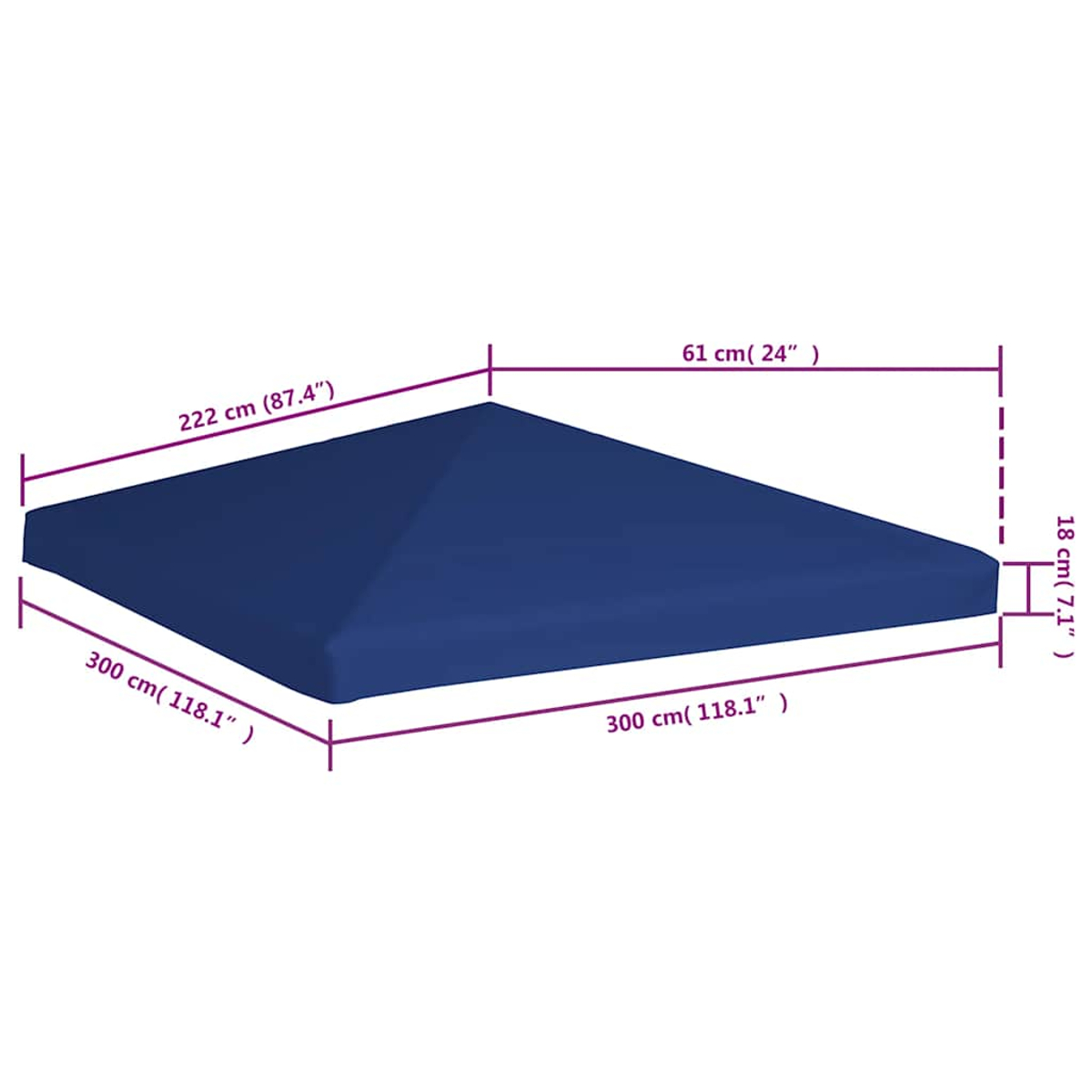 Una struttura blu, rettangolare, a forma di tenda con dimensioni in centimetri e pollici su sfondo bianco.