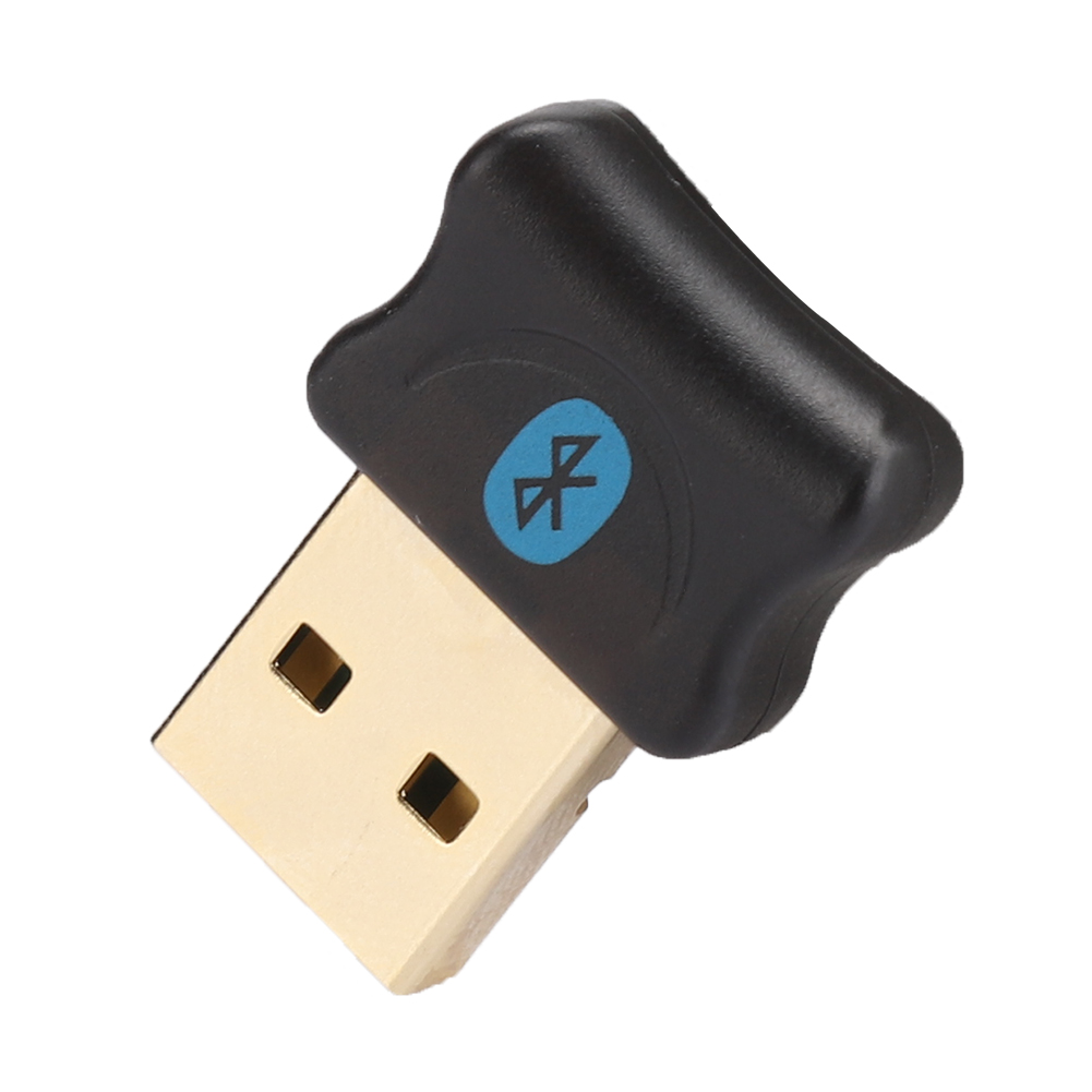 Ein USB-Bluetooth-Adapter. Der goldene USB-Anschluss ist mit einem schwarzen Adapter mit blauem Bluetooth-Symbol verbunden.