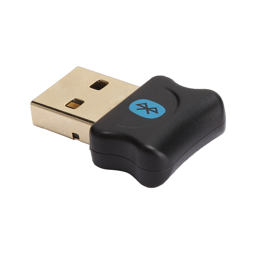 Ein USB-Bluetooth-Adapter. Der goldene USB-Anschluss ist mit einem schwarzen Adapter mit blauem Bluetooth-Symbol verbunden.