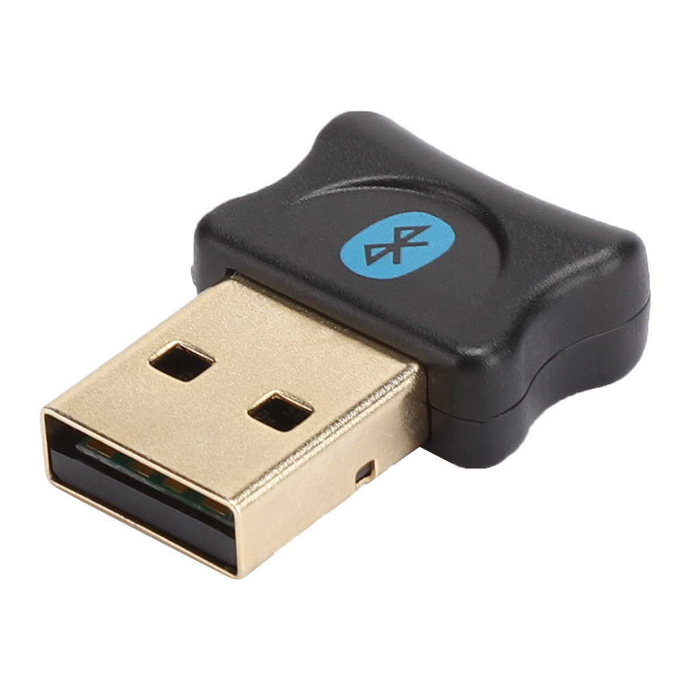Schwarzer USB-Bluetooth-Adapter mit goldenem USB-Anschluss. Ein blaues Bluetooth-Symbol oben.
