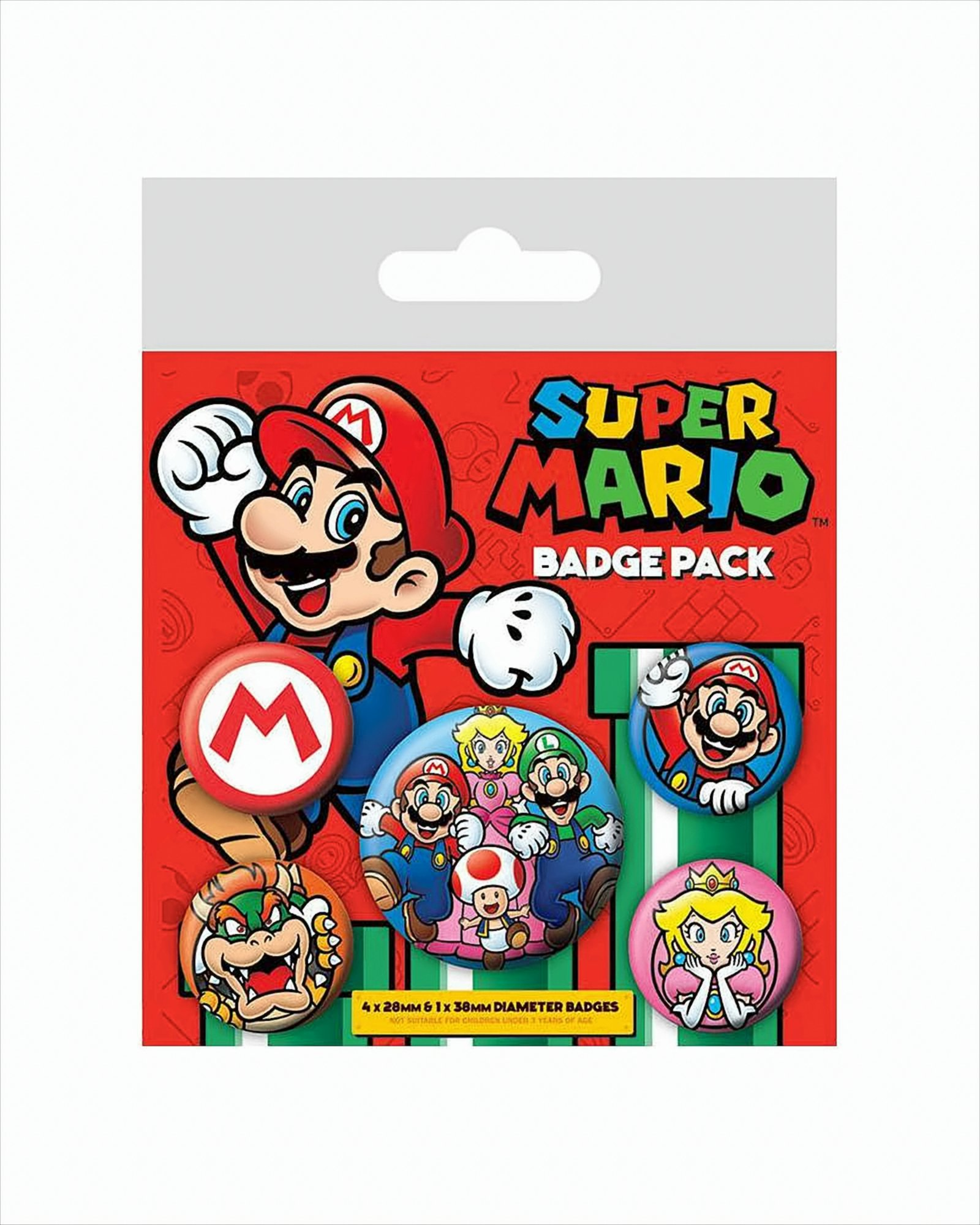 Ein Super Mario Abzeichen-Pack mit sechs verschiedenen runden Abzeichen mit Mario und seinen Freunden.