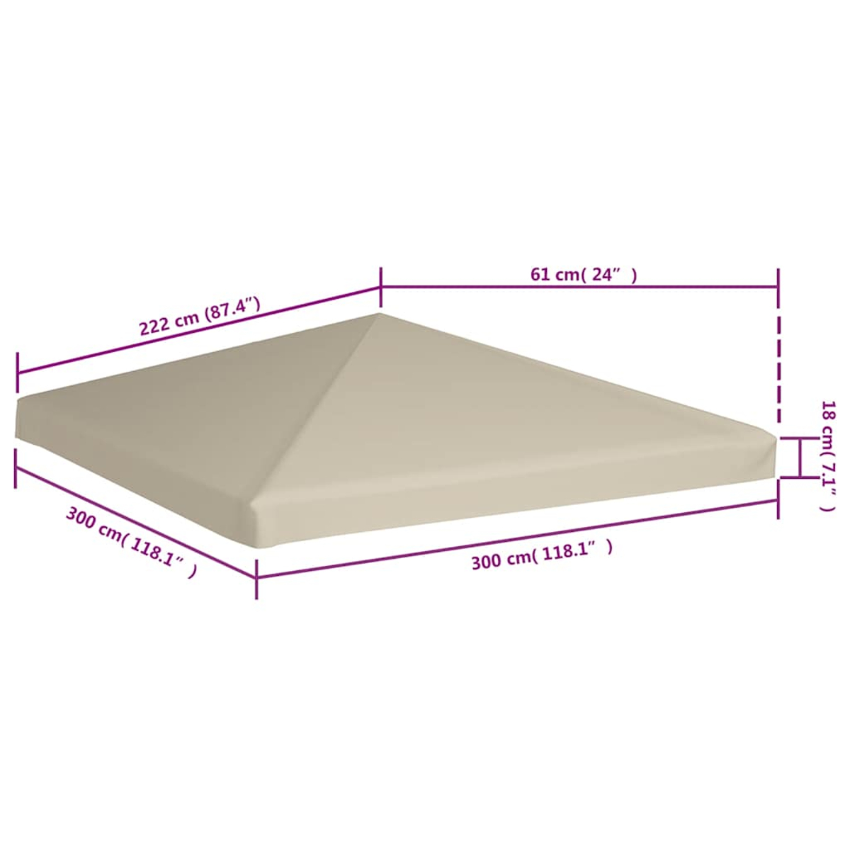 Beige Pavillondach mit cm-Maßen. Es hat eine Pyramidenform.