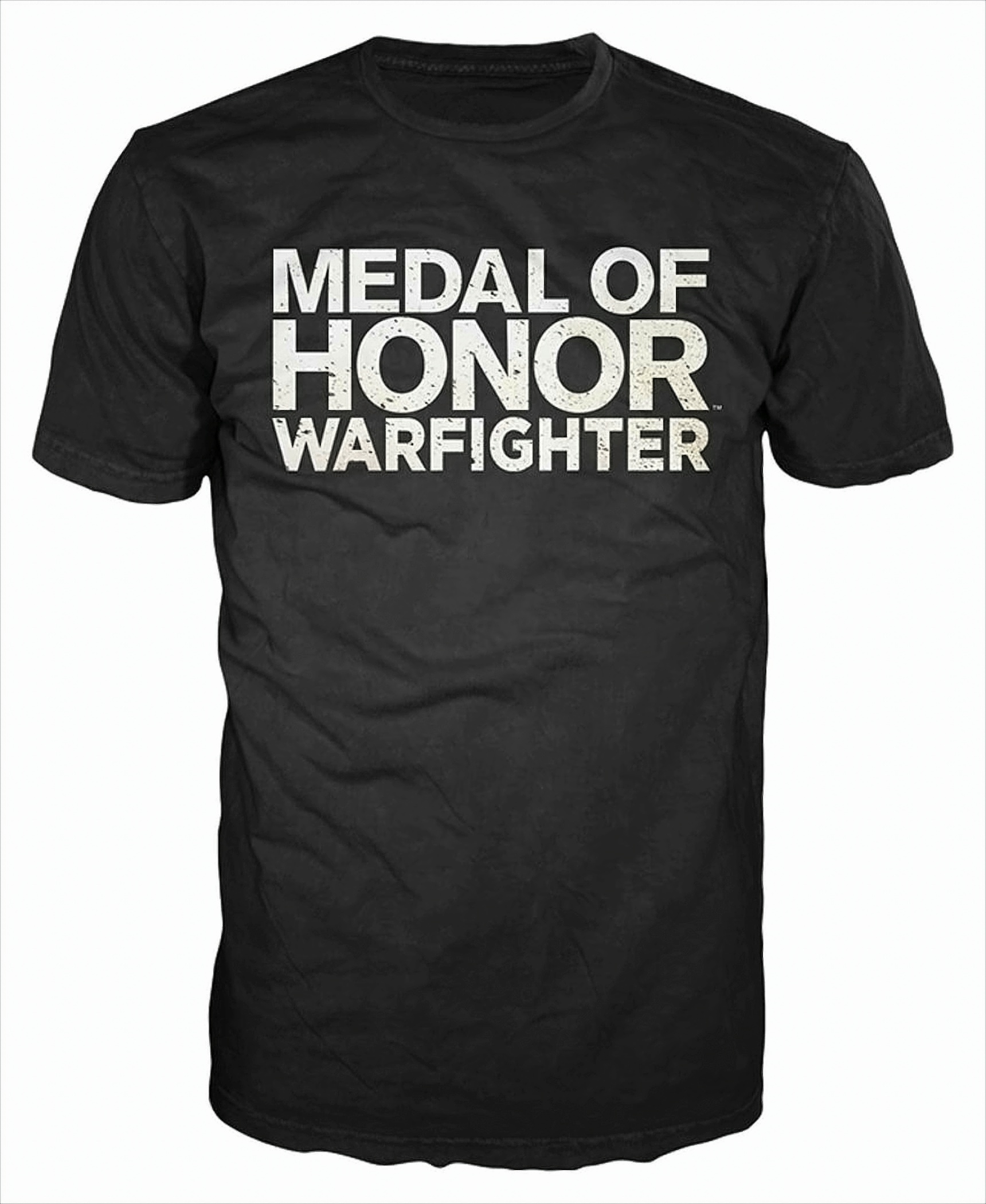 Schwarzes T-Shirt mit Text 'MEDAL OF HONOR WARFIGHTER'. Weißer Hintergrund.
