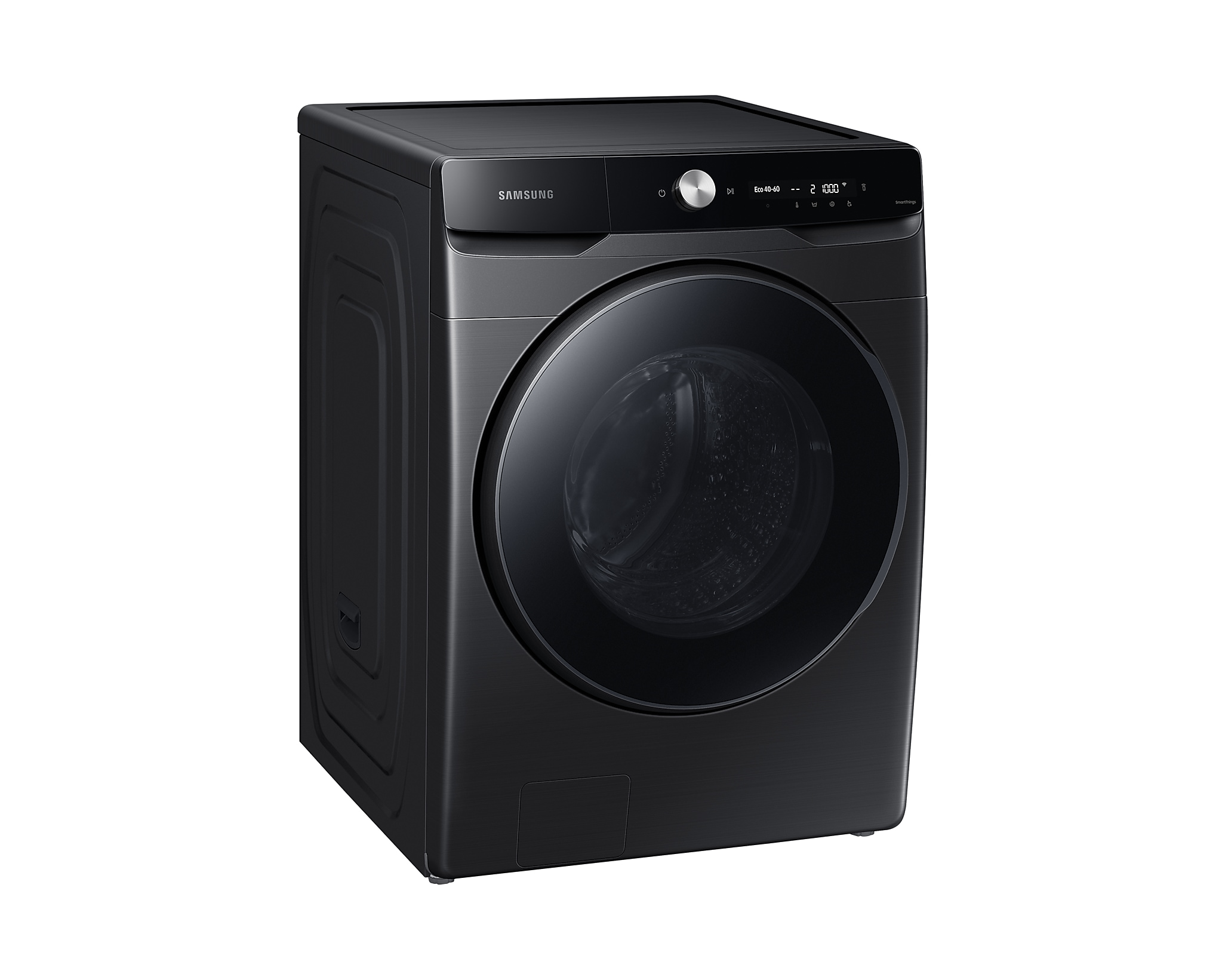 Czarna pralka Samsung z dużymi szklanymi drzwiami, widokiem z boku i białym tłem.