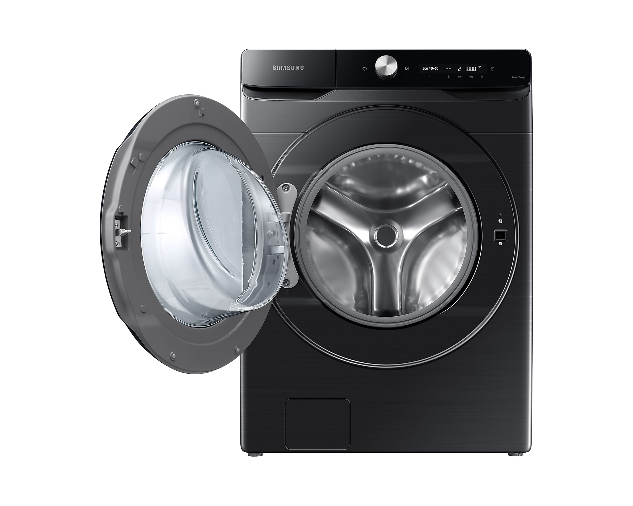 Czarna pralka z otwartymi drzwiami, pokazująca wnętrze. Tło jest białe.