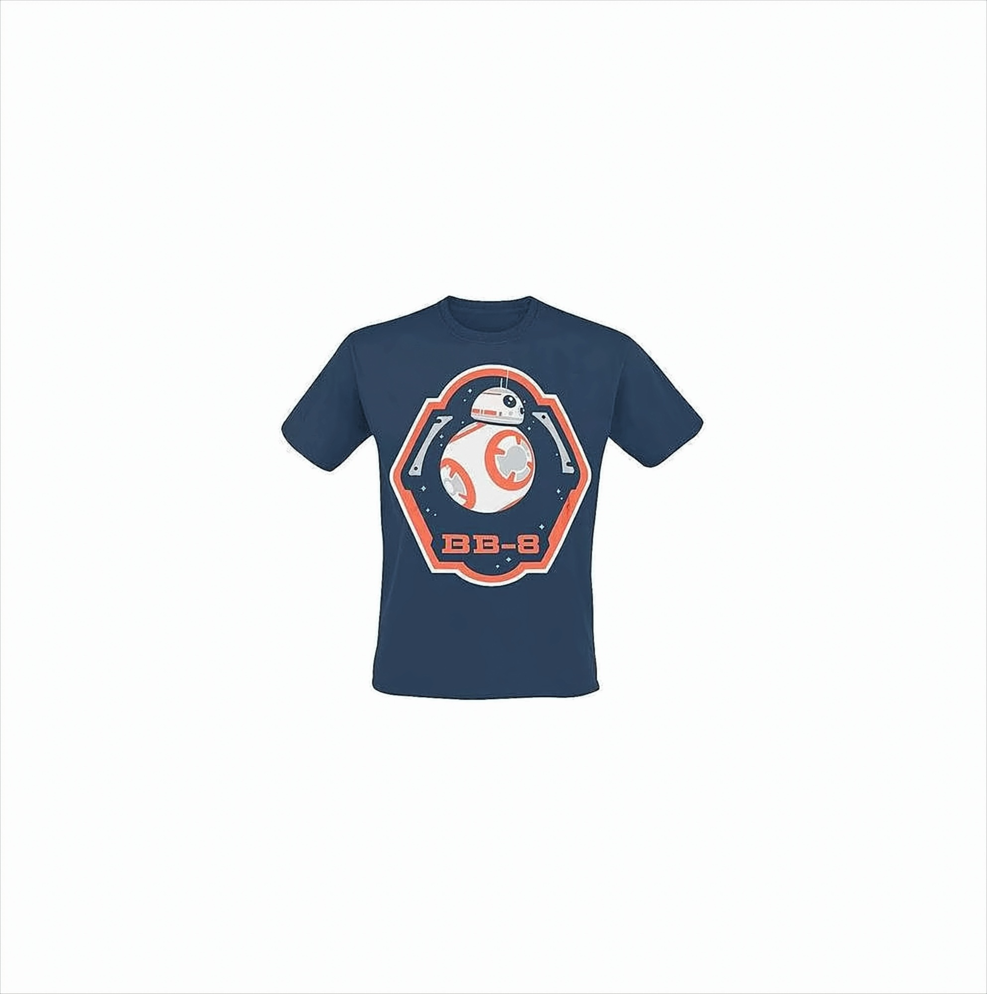 Ein blaues T-Shirt mit einem BB-8-Design in einem orangefarben umrandeten Sechseck.