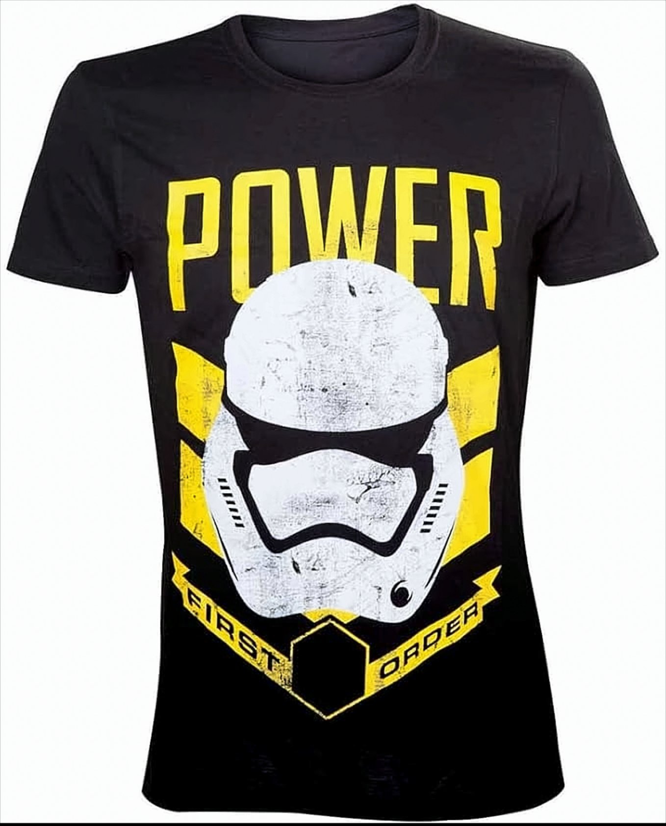 Schwarzes T-Shirt mit weißem First Order Stormtrooper Helm-Design und gelbem Text 'POWER'.
