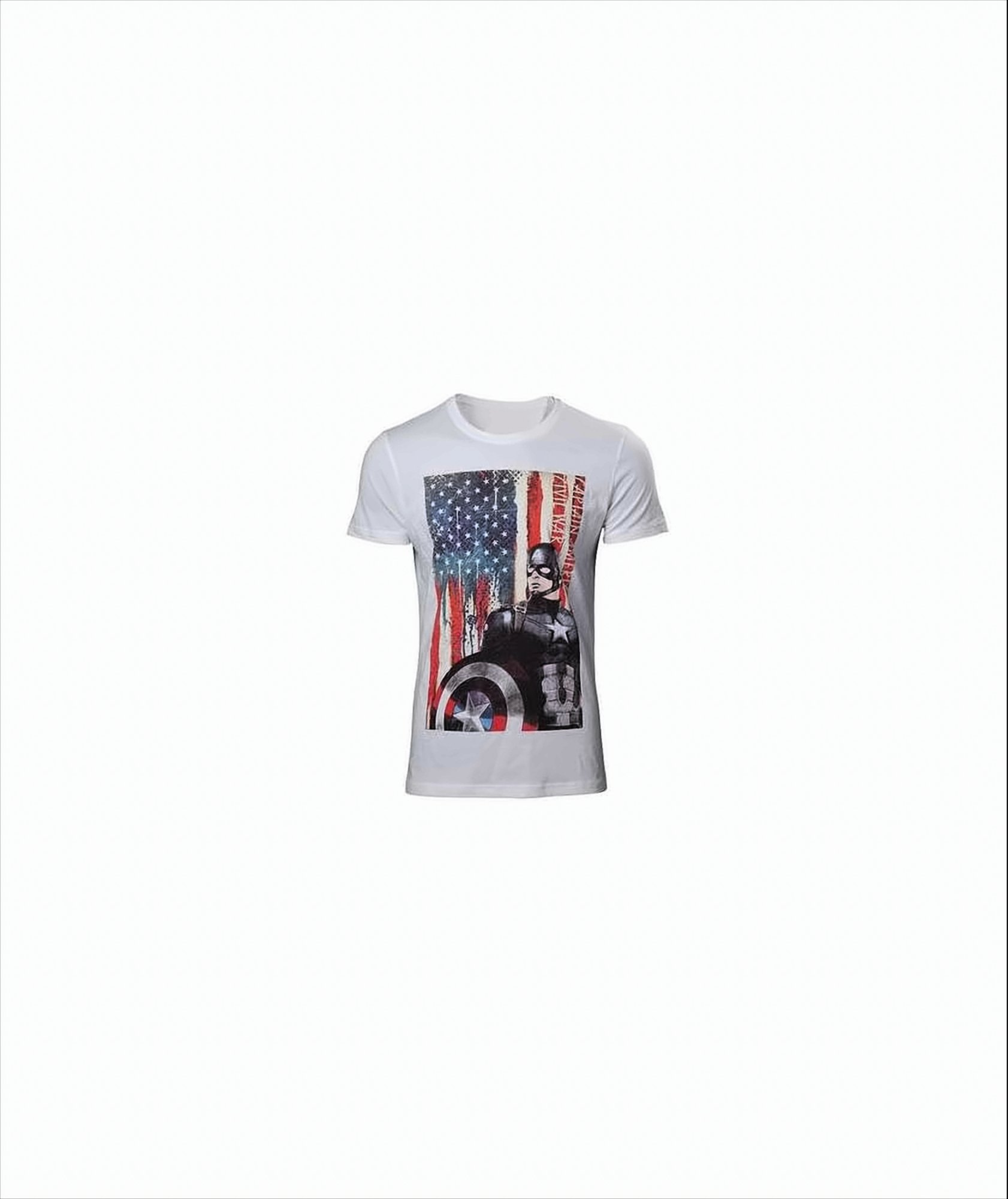 Weißes T-Shirt mit Captain America vor einem amerikanischen Flaggen-Design.