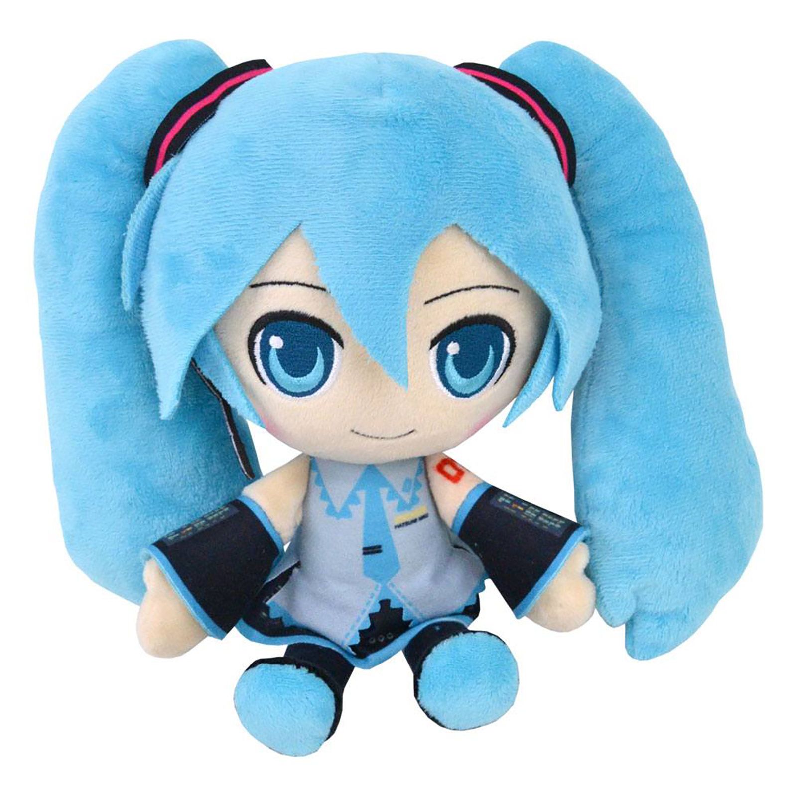 Hatsune Miku Plüschpuppe mit langen blauen Zöpfen, blauem Outfit und lächelndem Gesicht.