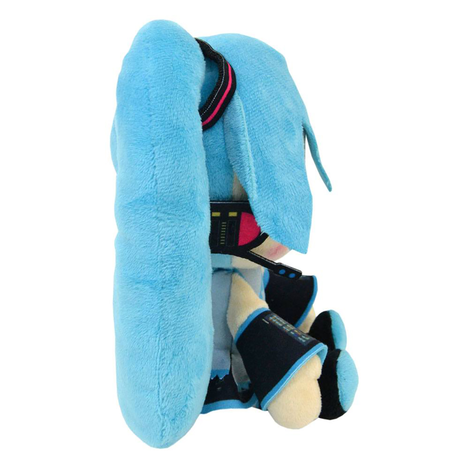 Hatsune Miku-Puppe im Profil, nach links, blaue Haare, schwarzes Outfit und blaue und rosa Akzente.