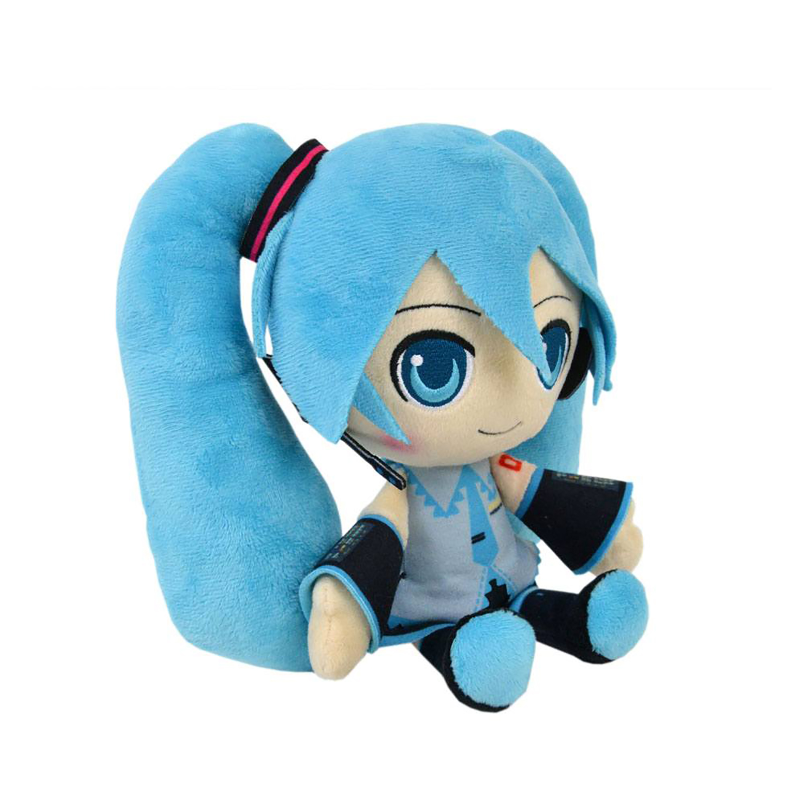 Eine blaue Plüschpuppe einer Zeichentrickfigur mit blauen Haaren und großen Augen. Sie hat Kopfhörer und schwarz-blaue Kleidung.