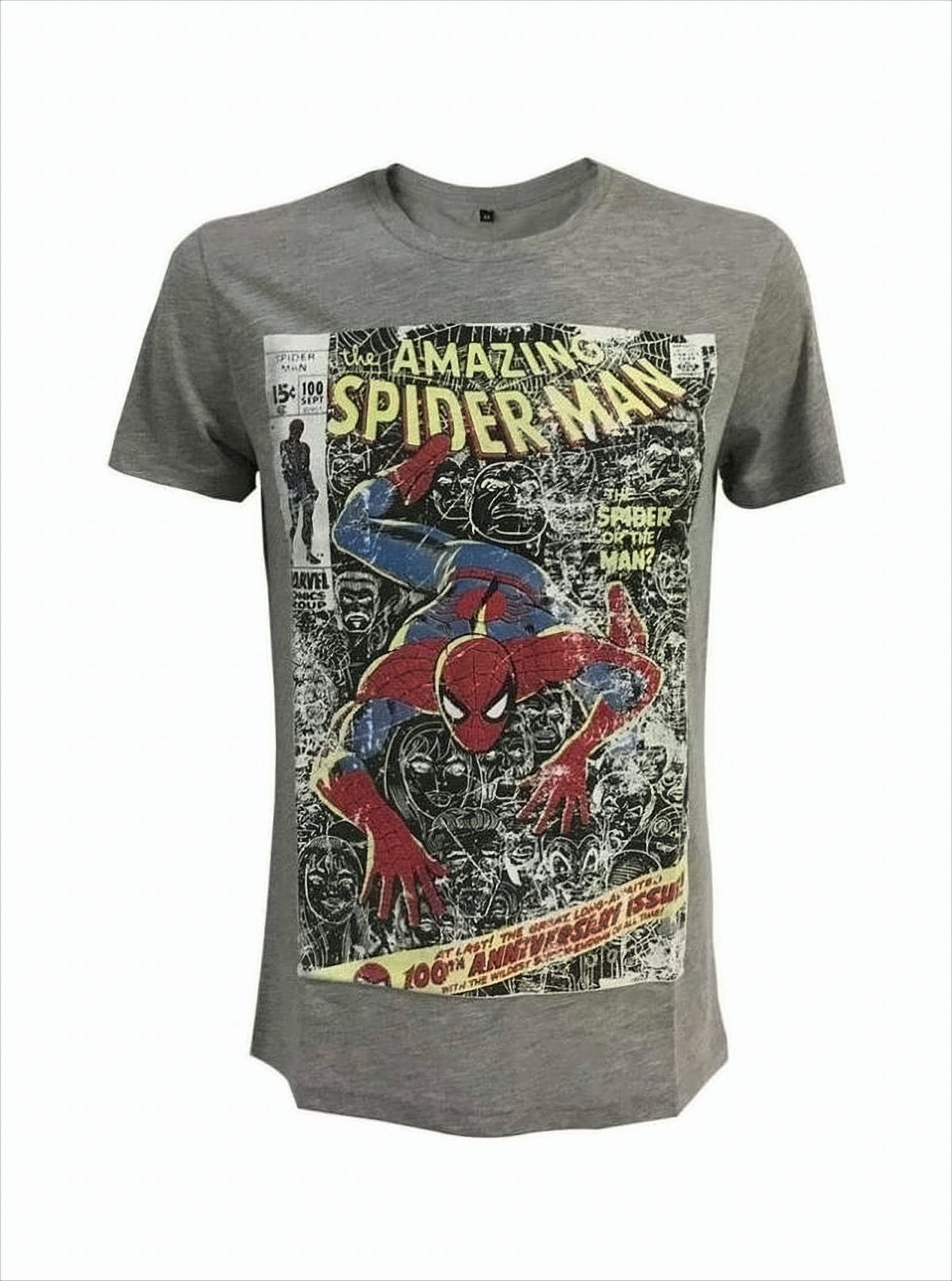 Graues T-Shirt mit einem Spider-Man Comic-Cover. Text und Bild von Spiderman.