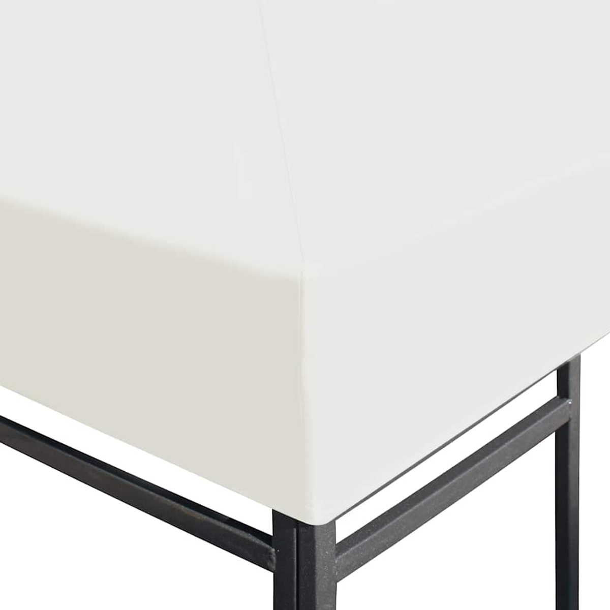 Un primo piano di un angolo di tavolo rettangolare bianco con un telaio in metallo nero.
