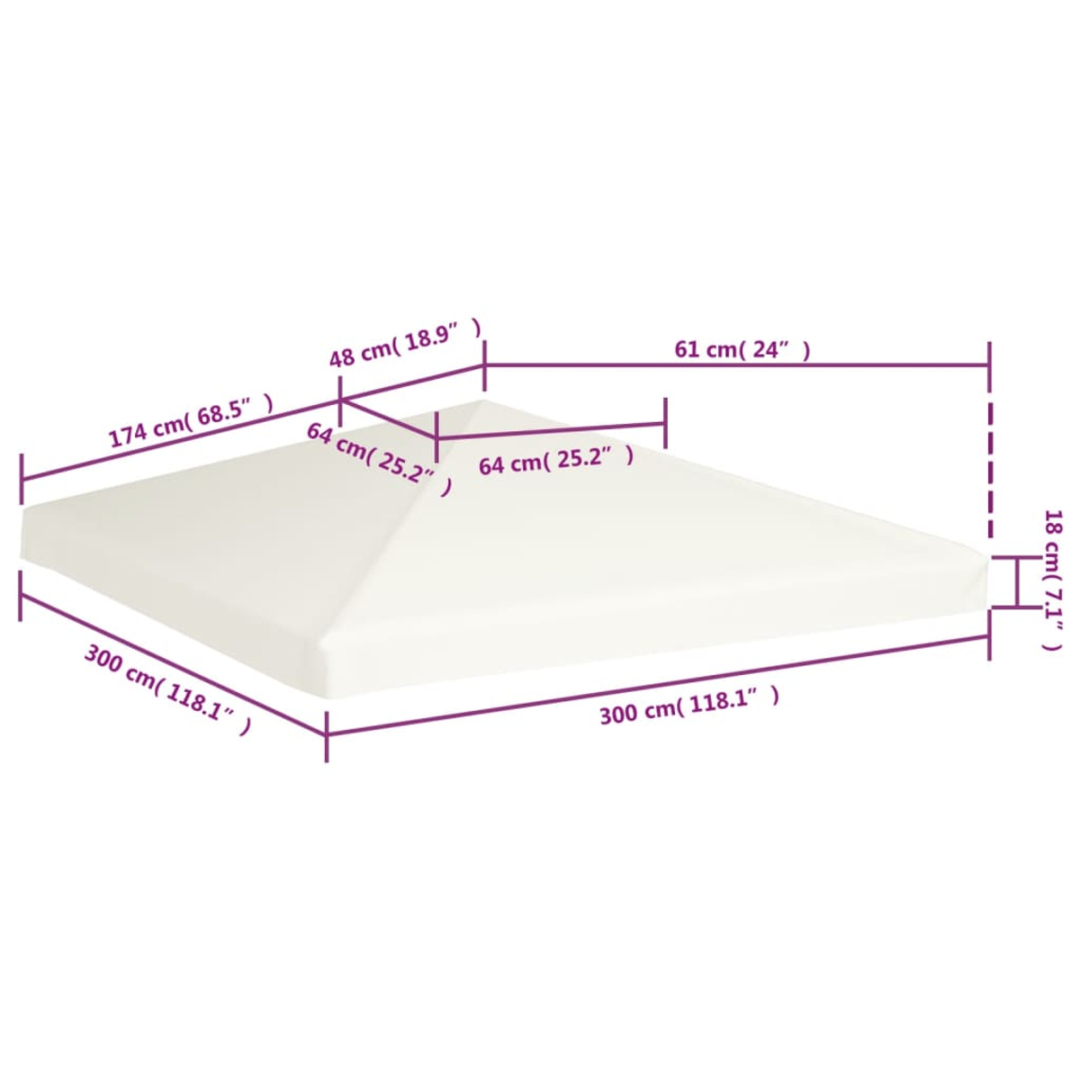 Diagramma di un tetto di gazebo bianco con dimensioni in centimetri e pollici.