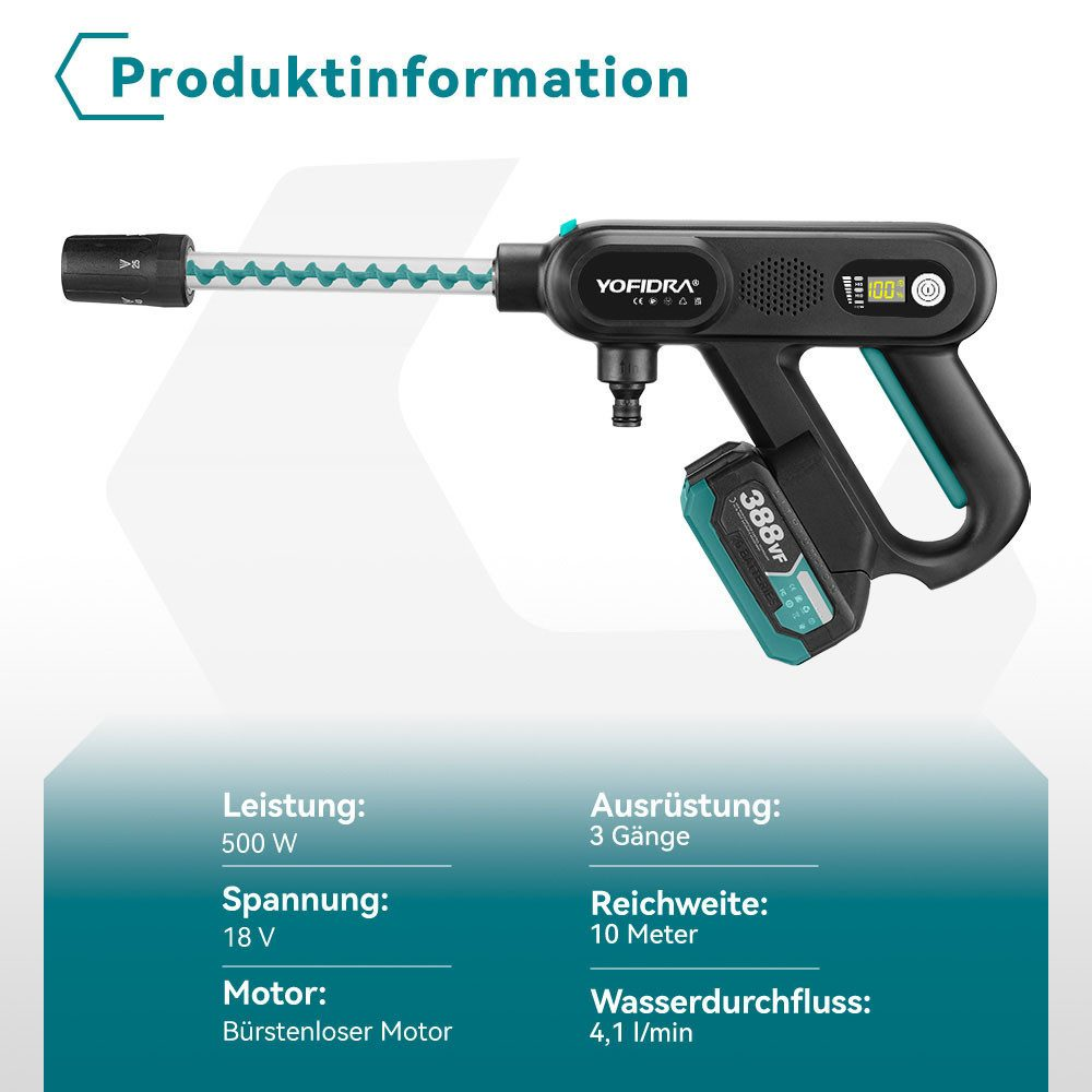 Ein schwarz-türkisfarbener Hochdruckreiniger. Produktinformationen umfassen Leistung, Spannung, Reichweite und Wasserdurchfluss.