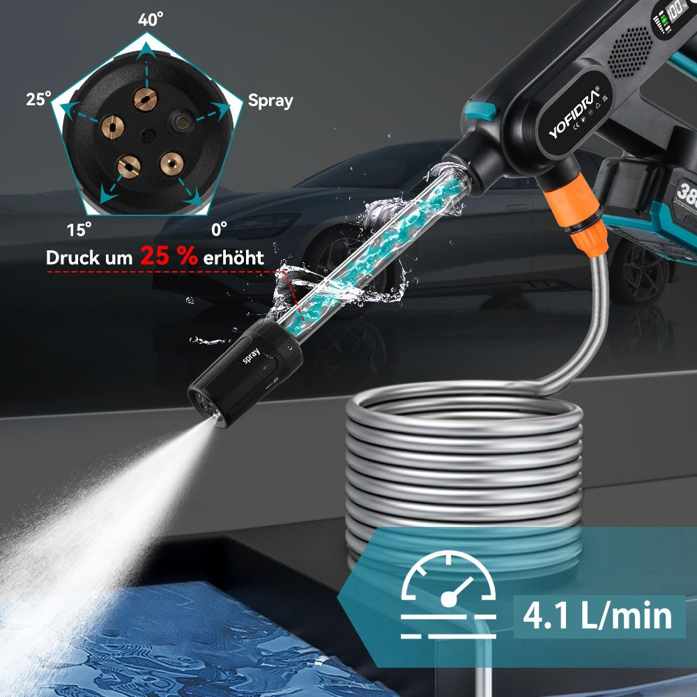 Ein Hochdruckreiniger, der Wasser sprüht, mit einem Auto im Hintergrund.