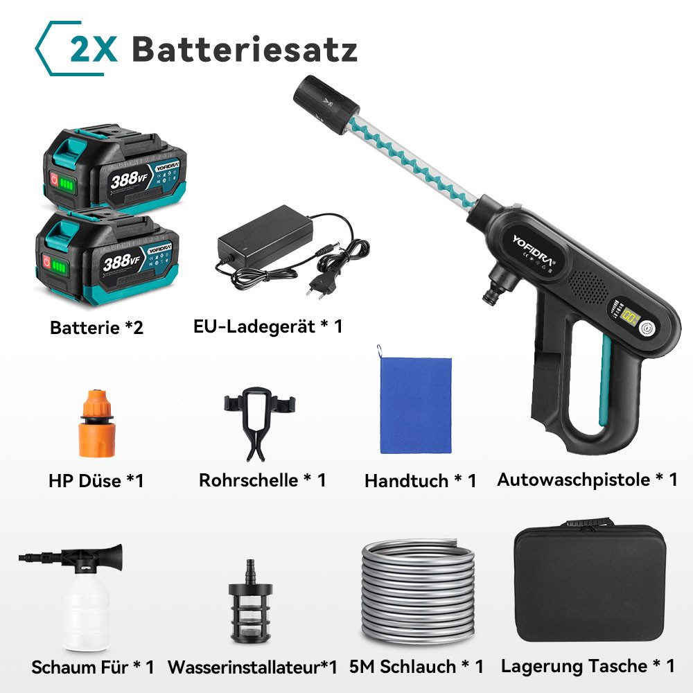 Mehrere Zubehörteile für einen Hochdruckreiniger werden angezeigt, darunter Batterien, ein Ladegerät, Düsen und eine Tragetasche.
