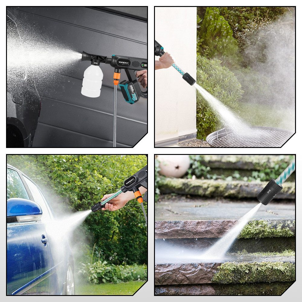 Vier Bilder zeigen die Verwendung eines Hochdruckreinigers auf verschiedenen Oberflächen wie einem Auto, einer Terrasse und einem Garagentor.