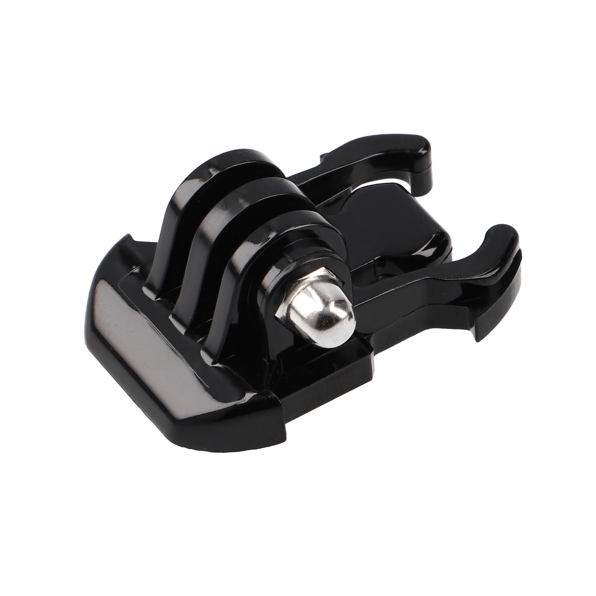 Eine schwarze GoPro-Halterung mit drei Zinken und einem silbernen Bolzen in der Mitte.