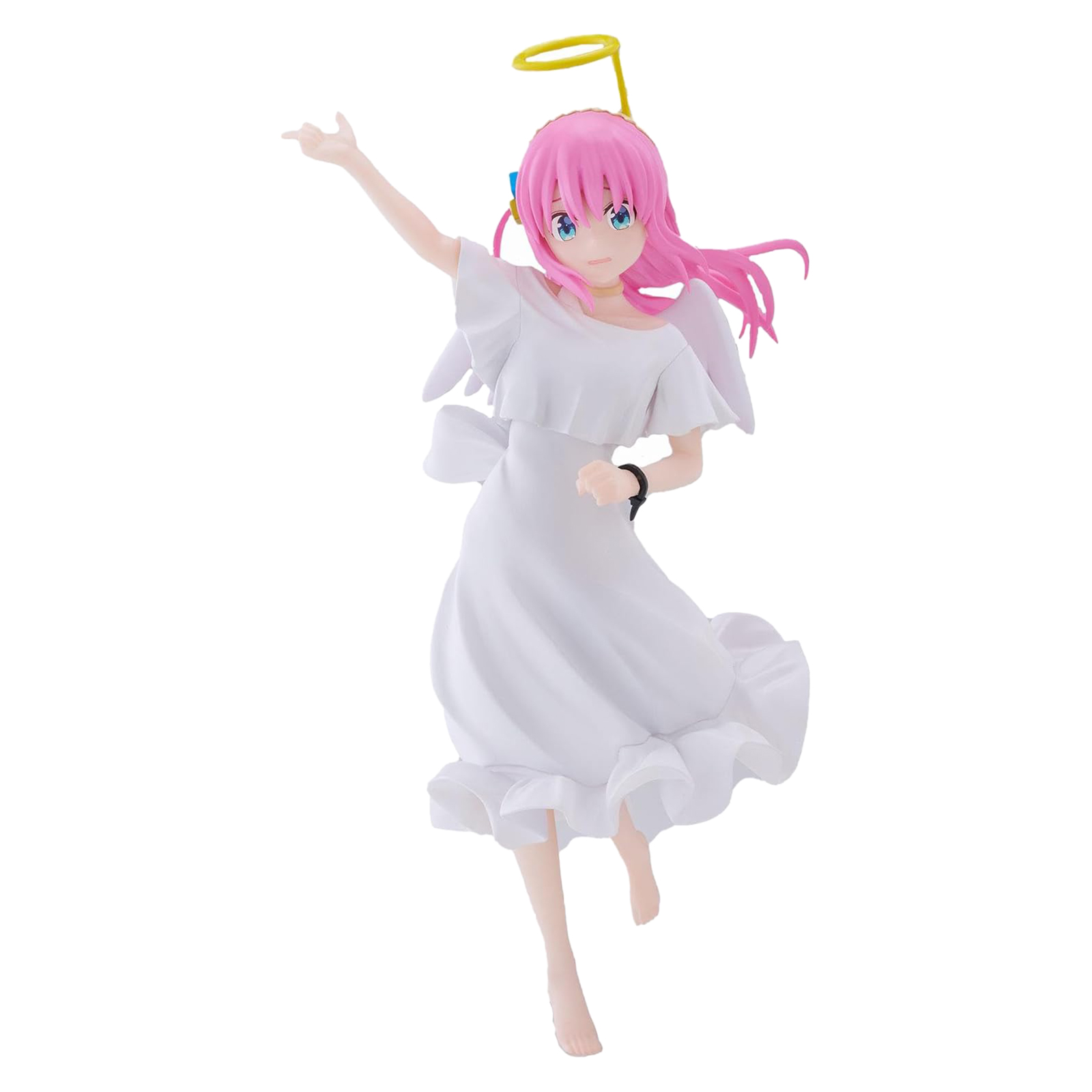 Anime-Figur eines Mädchens mit rosa Haaren, Flügeln und Heiligenschein, weißes Kleid, auf weißem Hintergrund.