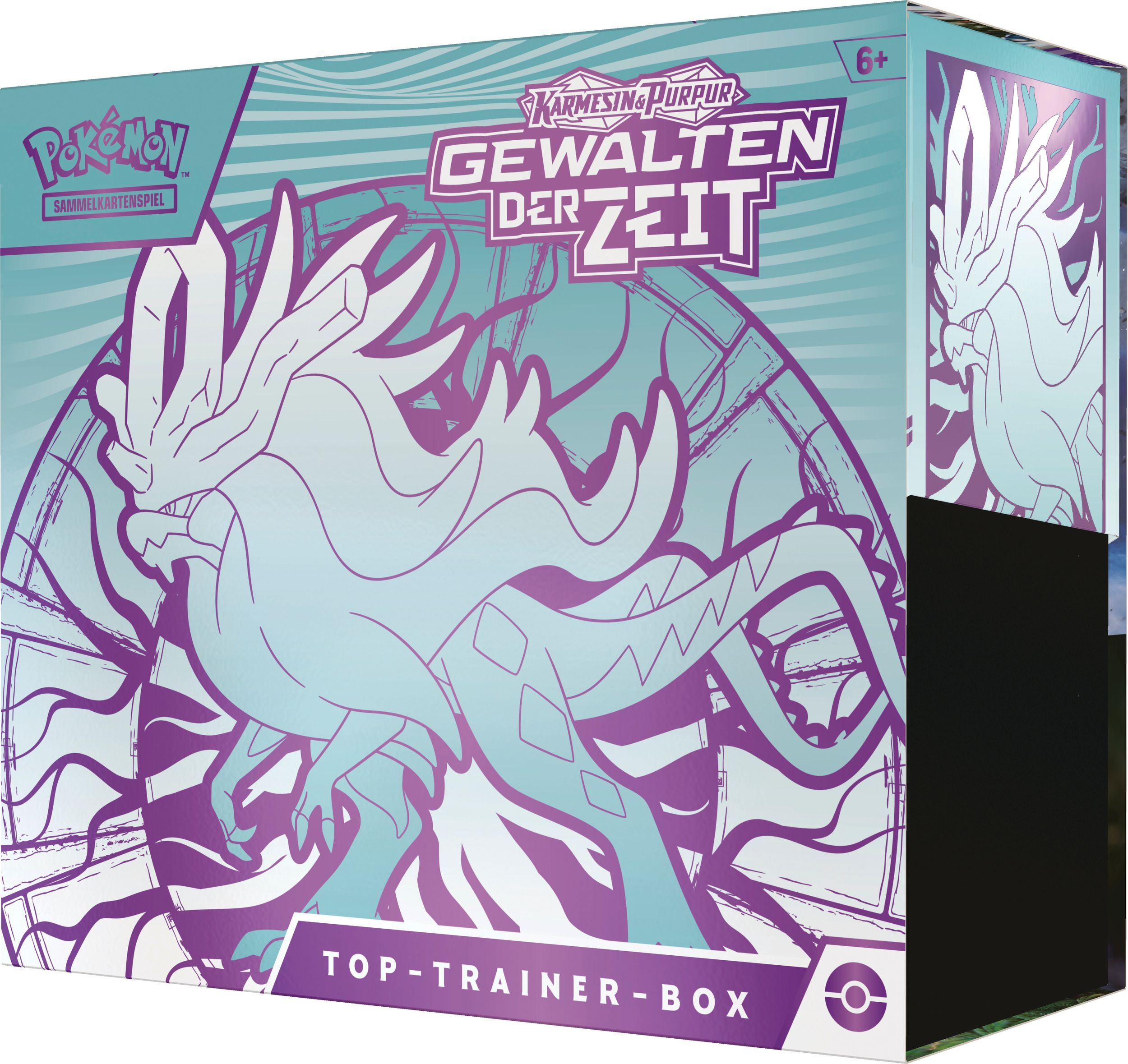 Eine Pokémon Trading Card Game Box mit einem Design, das einen blau-weißen Drachen und die Worte 'Gewalten der Zeit' zeigt.