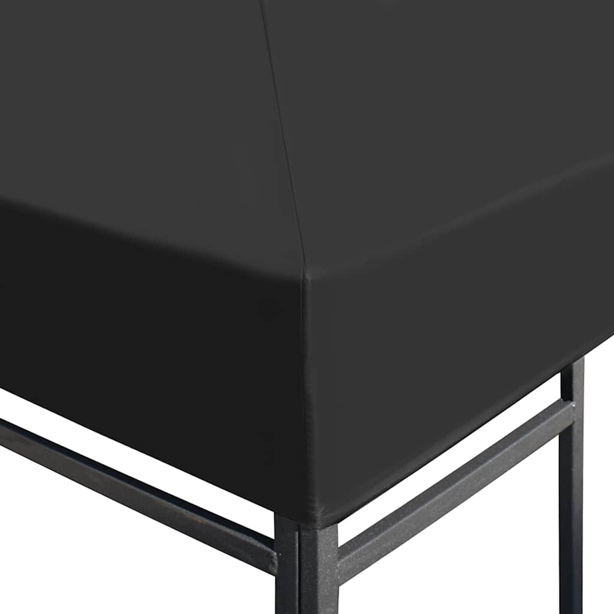Primo piano di un top gazebo nero con un telaio in metallo. La parte superiore è piatta e quadrata.