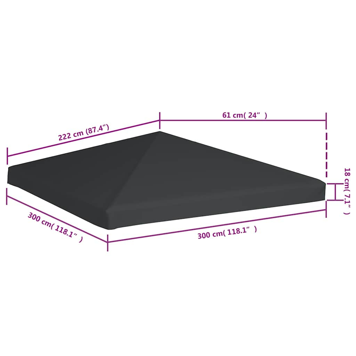 Una tenda da sole nera con dimensioni in cm e pollici, che ne mostra le dimensioni.
