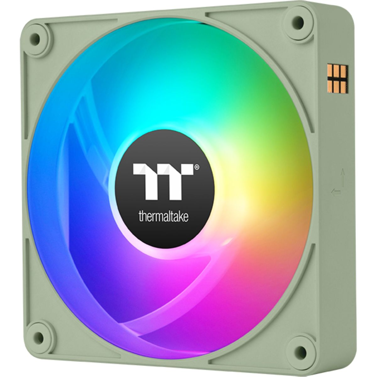 Ein kreisförmiger Computerlüfter mit regenbogenfarbenen Blättern. Es hat ein schwarzes zentrales Logo und einen grünen Rahmen.