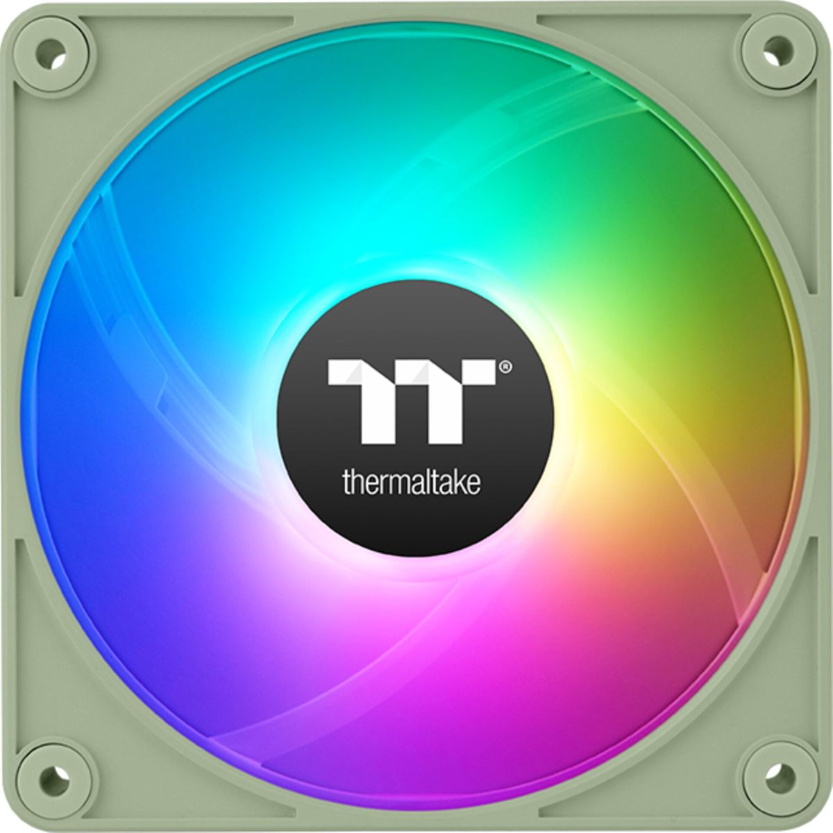Ein Computerlüfter mit regenbogenfarbenen Blättern und einem grünen Rahmen. Das zentrale Logo ist schwarz mit weißem Text.