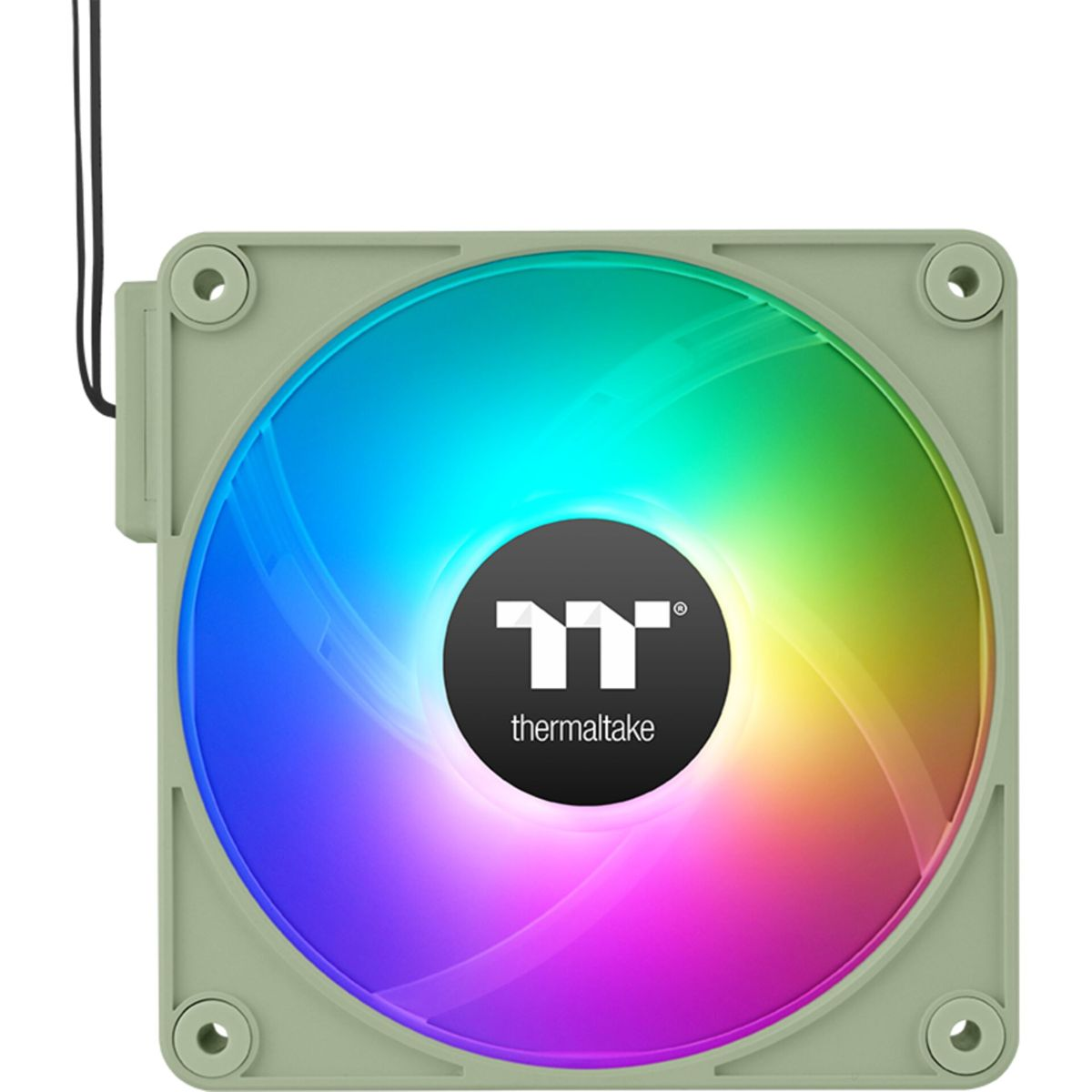 Nahaufnahme eines PC-Lüfters mit regenbogenfarbigem Licht und grünem Rahmen.