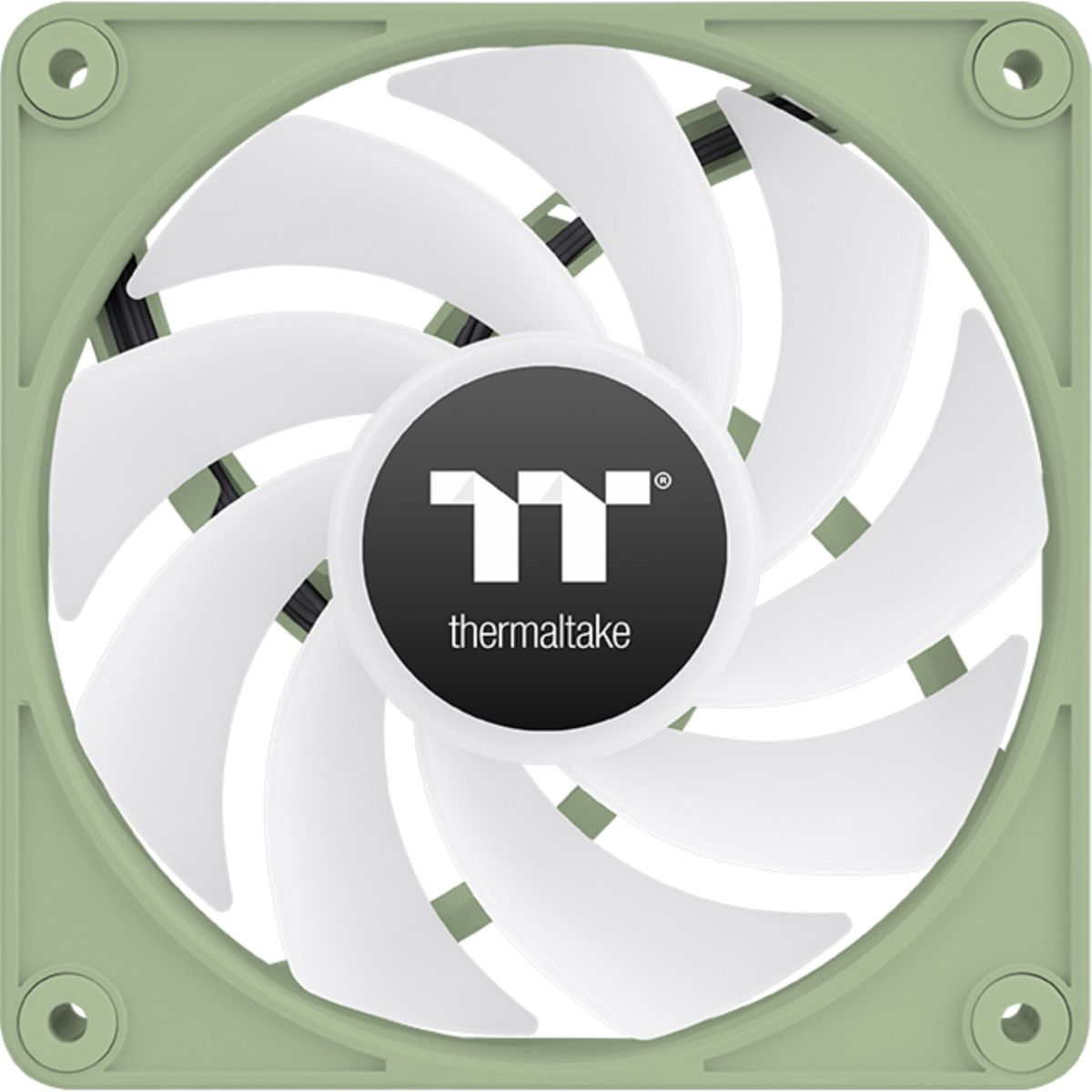 Ein Computerlüfter mit weißen Blättern und einem grünen Rahmen. Das zentrale Logo ist schwarz mit weißem Text.
