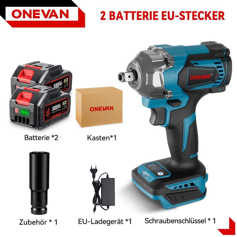 Ein Satz Werkzeuge, darunter zwei Batterien, eine Box, ein Schraubenschlüssel, ein Ladegerät und ein Elektrowerkzeug.