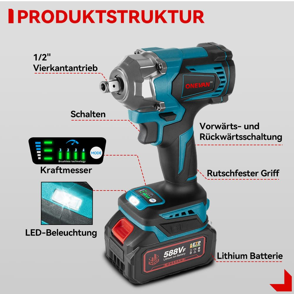 Ein Elektrowerkzeug mit beschrifteten Teilen: 1/2" Vierkantantrieb, Schalter, Vorwärts-/Rückwärtsschalter und LED-Licht.