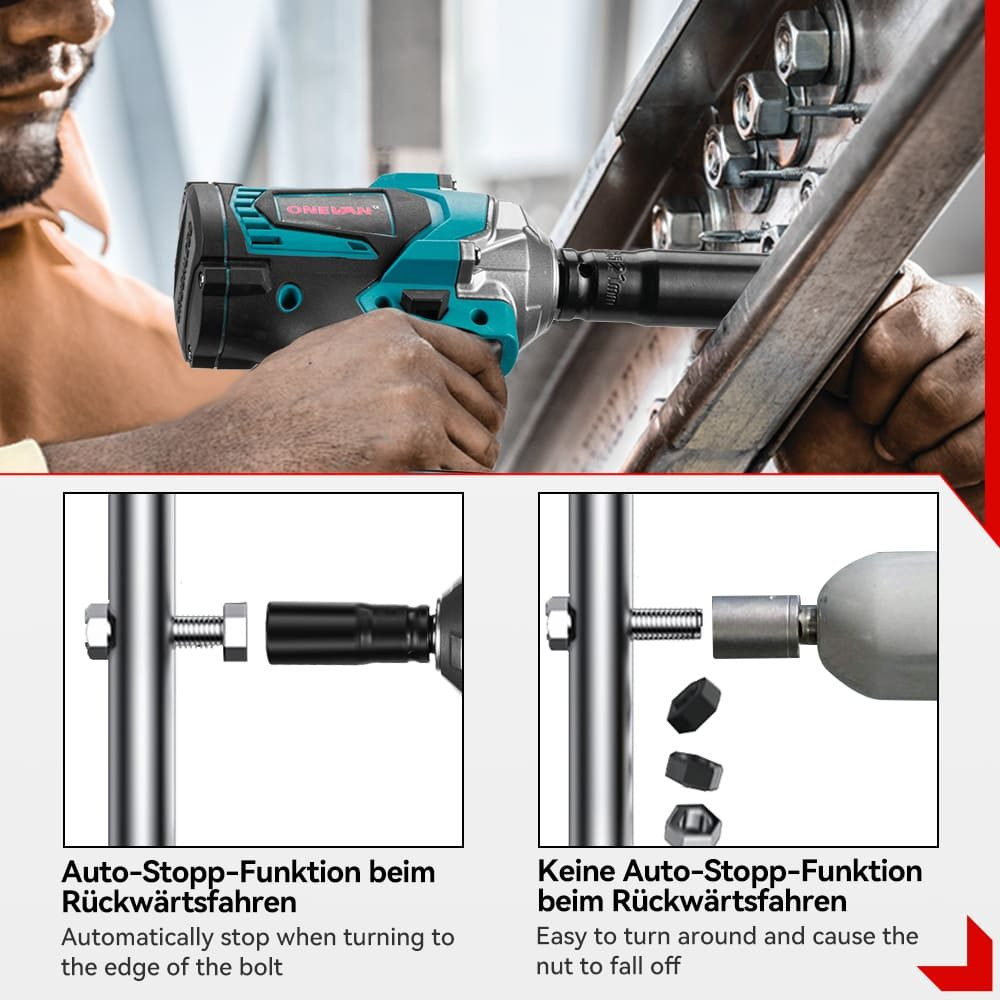 Demonstration der Auto-Stopp-Funktion eines Elektrowerkzeugs. Ein Bild zeigt das Anhalten, das andere zeigt keine Funktion.