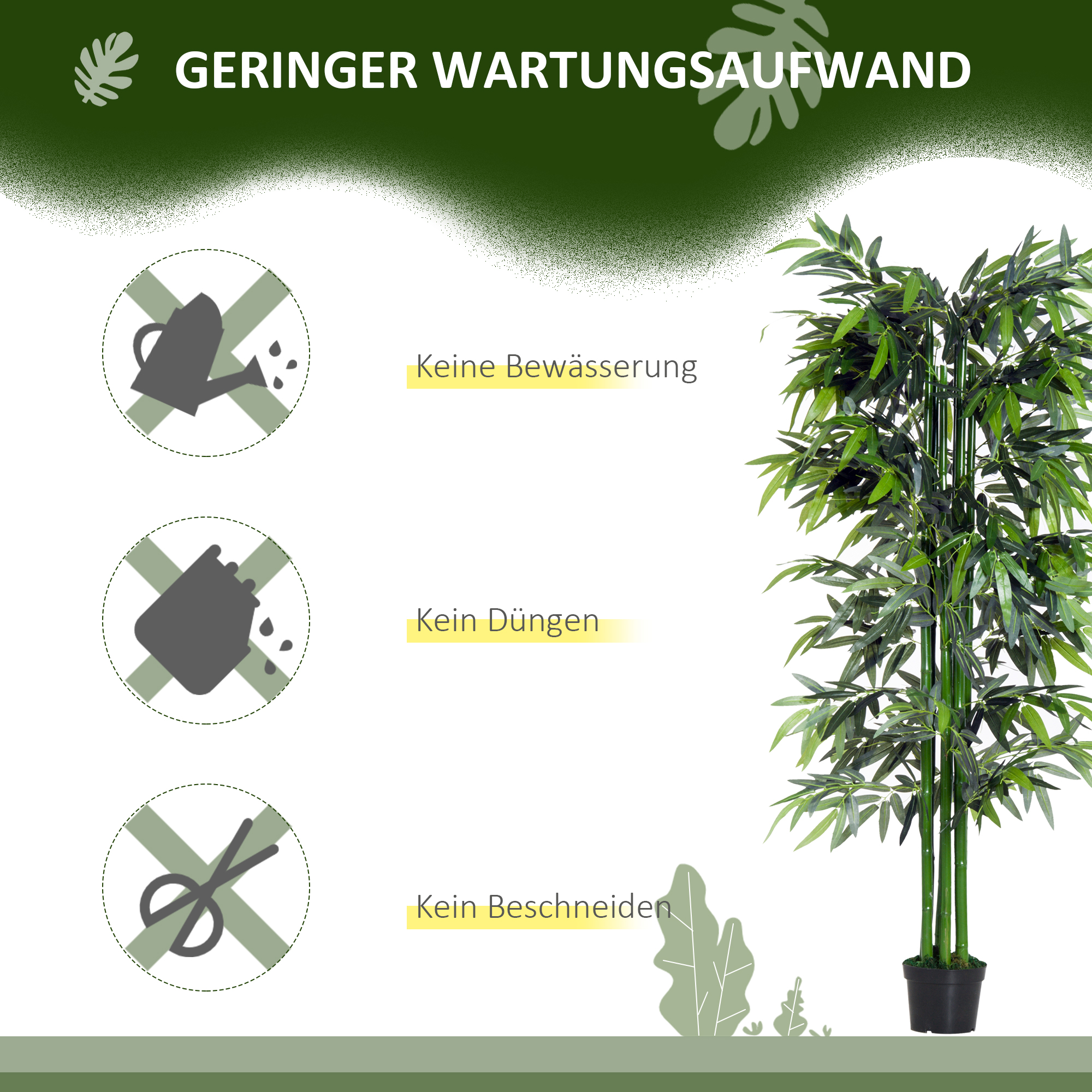 Eine hohe grüne Bambuspflanze in einem schwarzen Topf. Der Text besagt, dass kein Gießen, Düngen oder Beschneiden erforderlich ist.