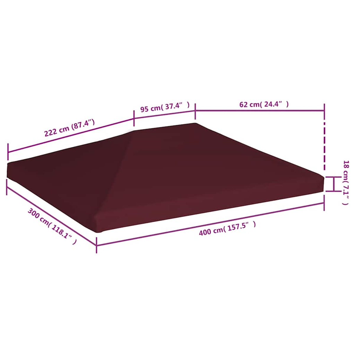 Abmessungen eines weinroten Baldachins: 400 cm Länge, 300 cm Breite, 222 cm Seite, 18 cm Höhe.