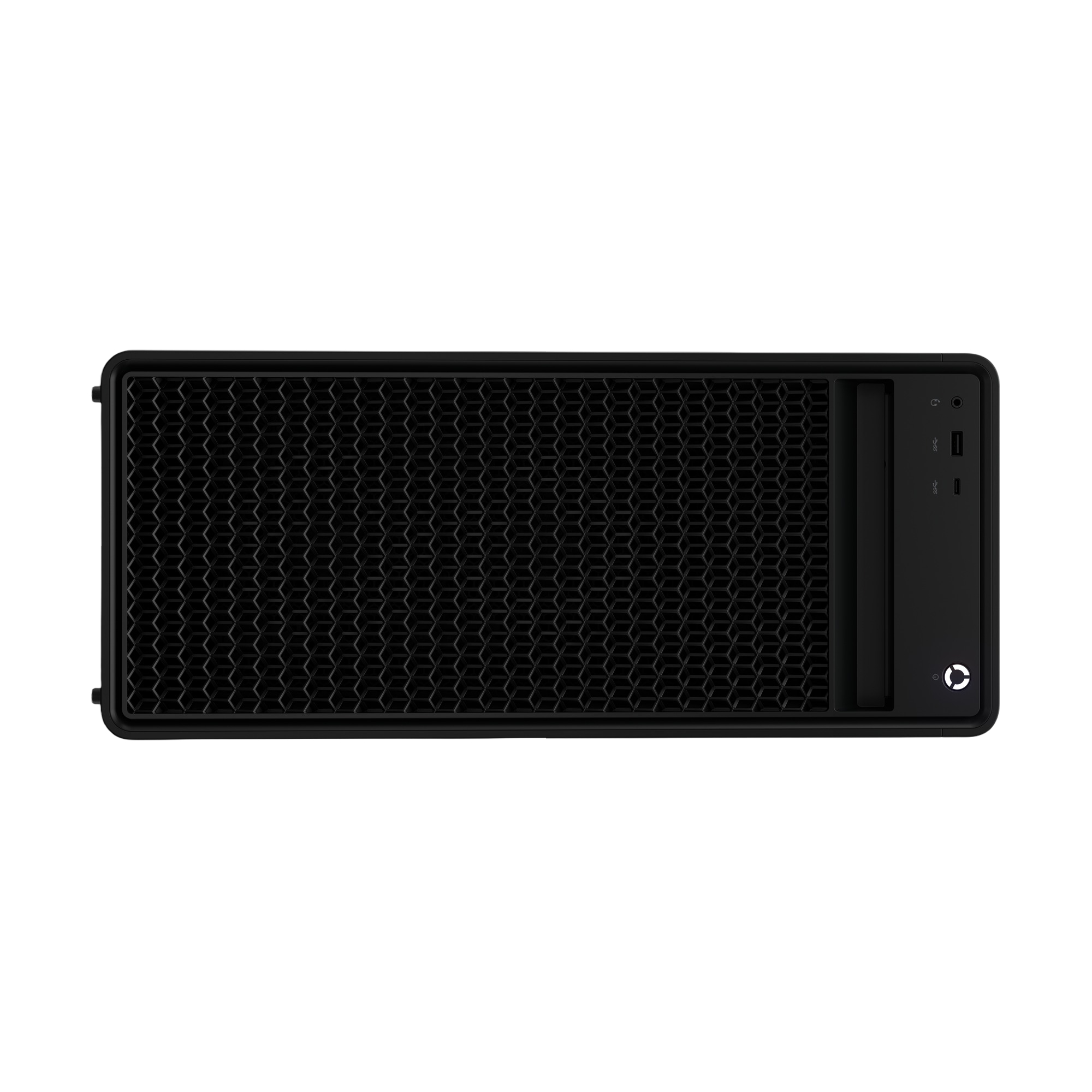 Czarna obudowa komputera z wzorem plastra miodu na froncie. Z przodu znajdują się również porty i przycisk zasilania.