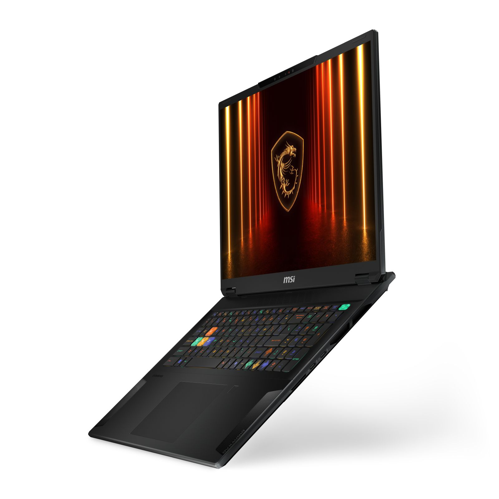 Un ordinateur portable MSI noir est ouvert en angle, affichant un écran coloré avec un logo de dragon.