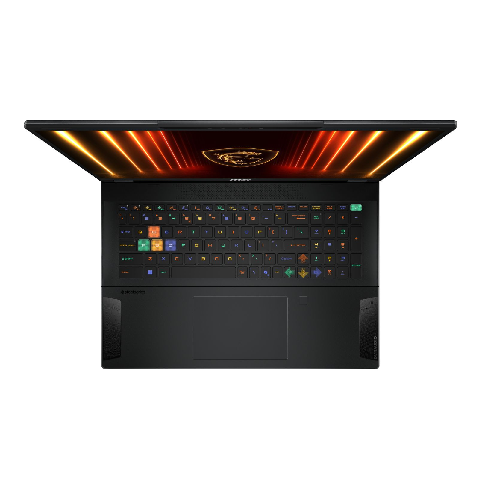Vue de dessus d'un ordinateur portable MSI noir, montrant le clavier avec des touches multicolores et un pavé tactile.