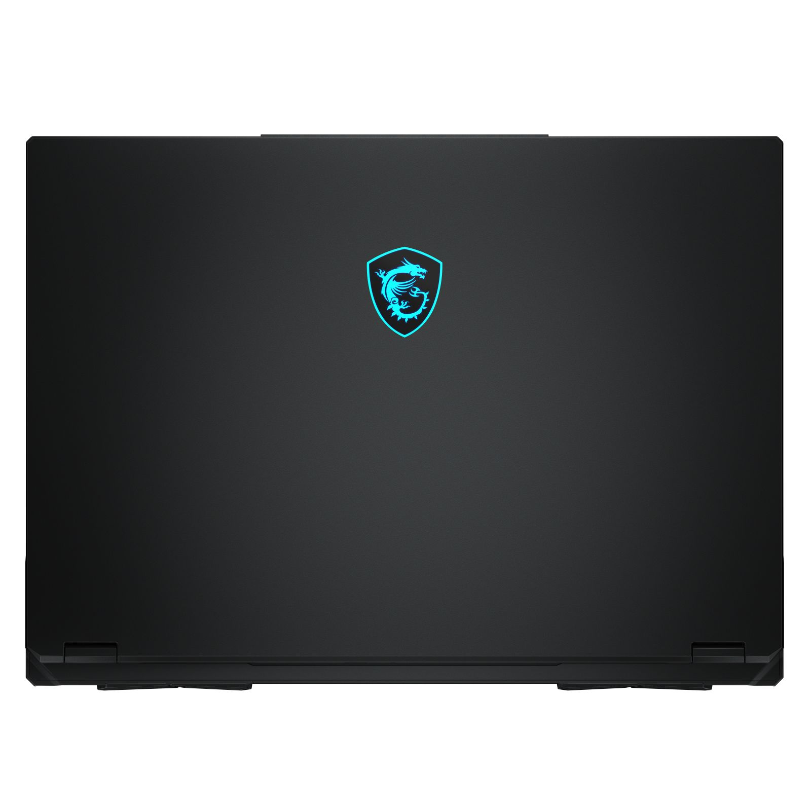 Ordinateur portable noir avec logo de dragon bleu brillant.