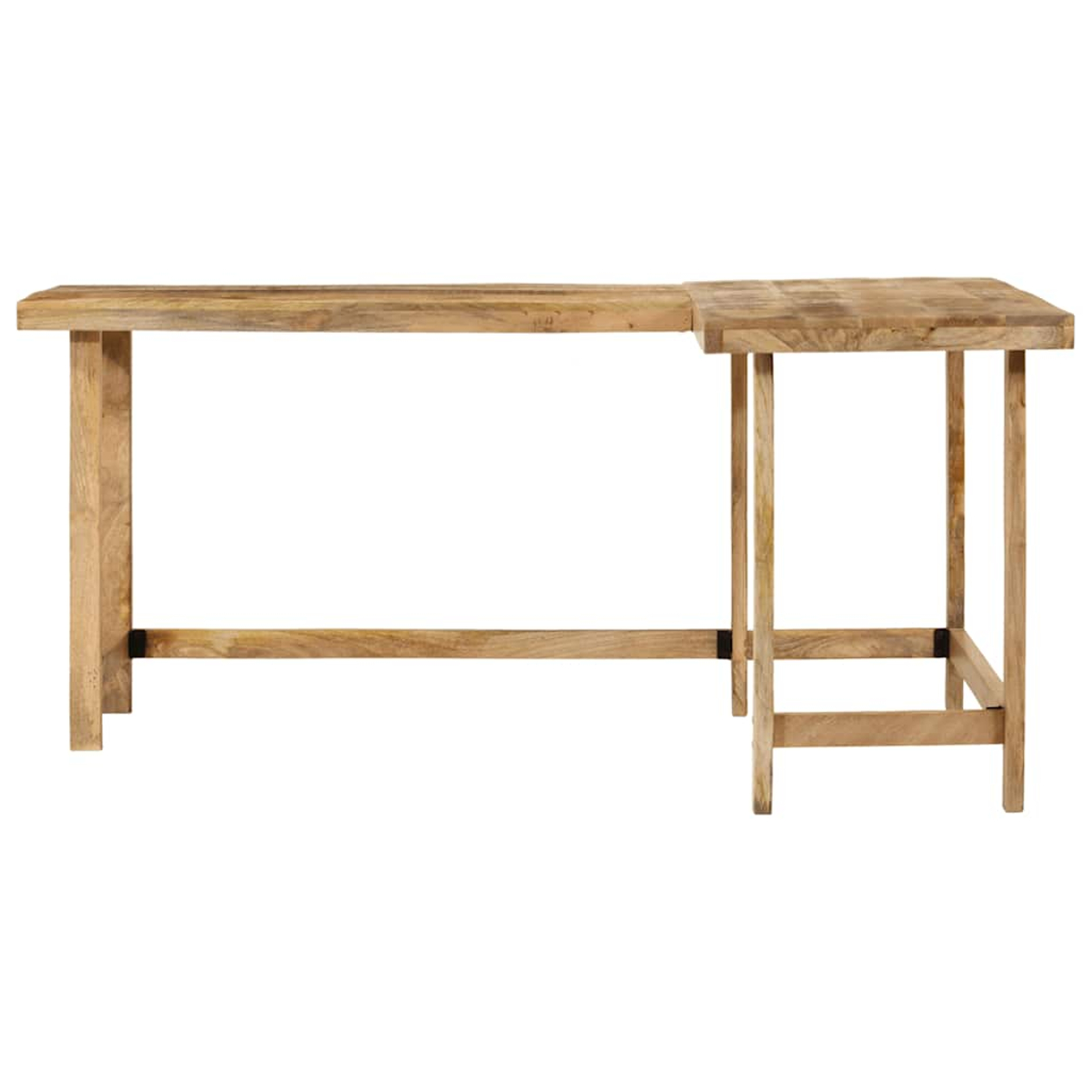 L-förmiger Schreibtisch aus Holz mit hellbraunem Finish. Der Schreibtisch hat ein einfaches Design.