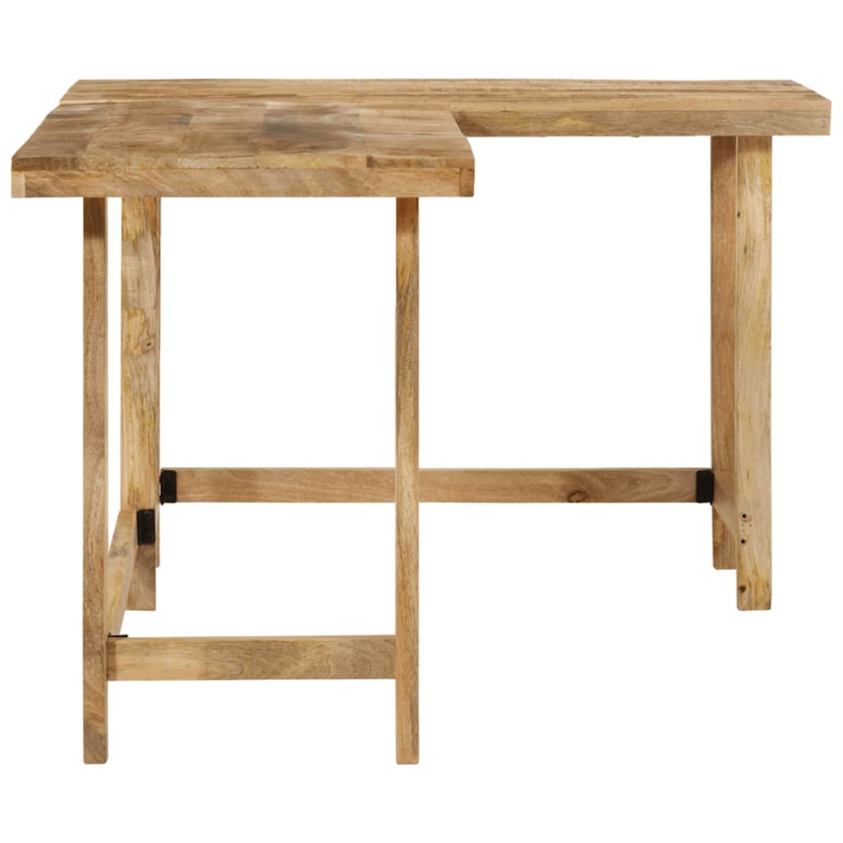 L-förmiger Holzschreibtisch. Er hat eine hellbraune Farbe und ist aus Holz gefertigt. Der Schreibtisch steht auf weißem Hintergrund.