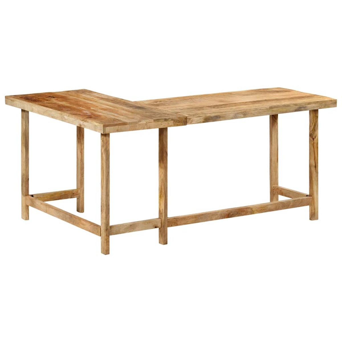 L-förmiger Holzschreibtisch mit hellbrauner Farbe. Er ist leer und zeigt einen einfachen Schreibtisch auf weißem Hintergrund.