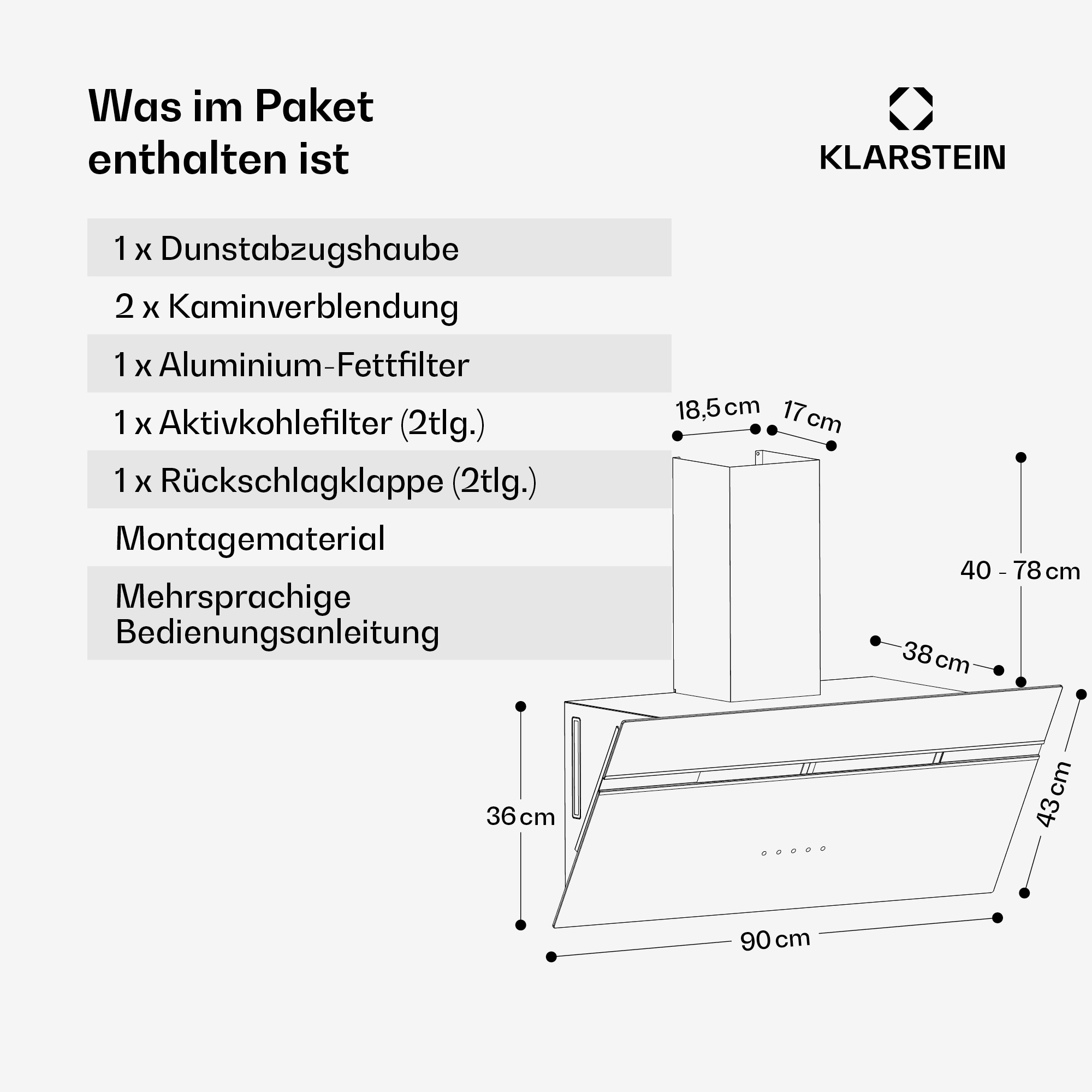 Diagrama de una campana extractora Klarstein con dimensiones y etiquetas.