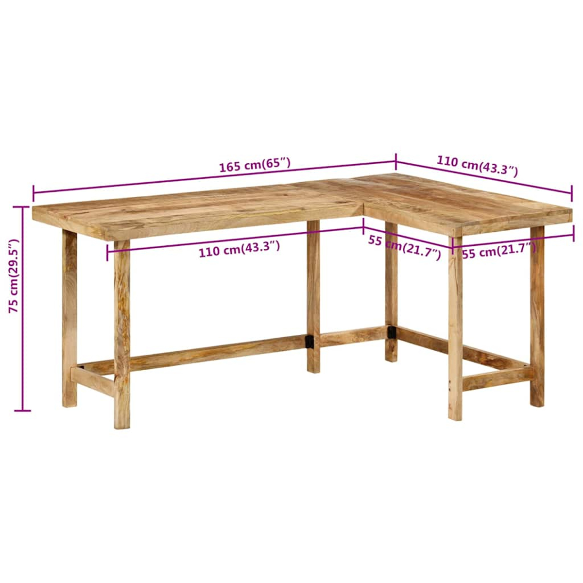 L-förmiger Holzschreibtisch mit Maßen in Zentimetern.