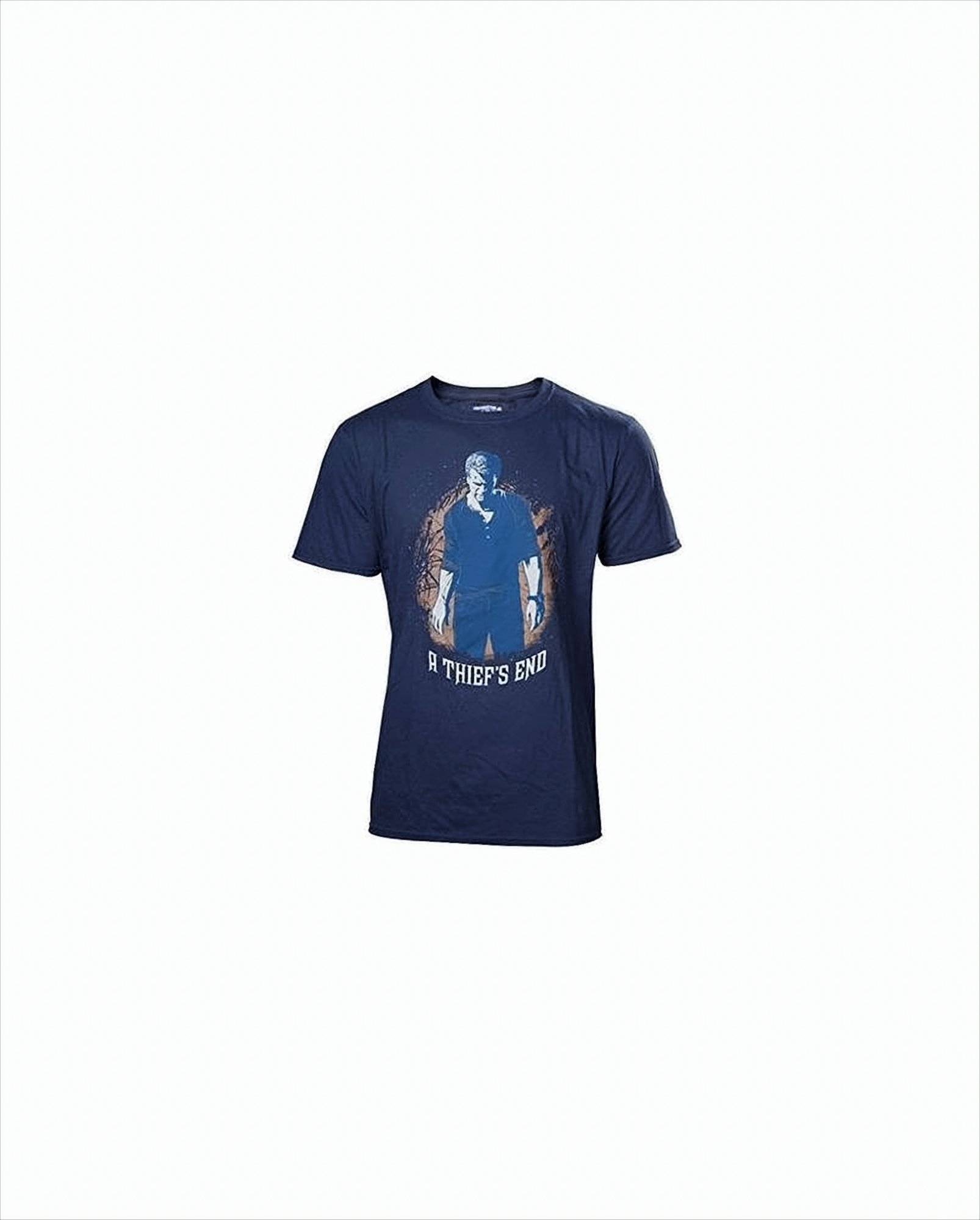 Dunkelblaues T-Shirt mit 'A Thief's End' und einem Figurenaufdruck.