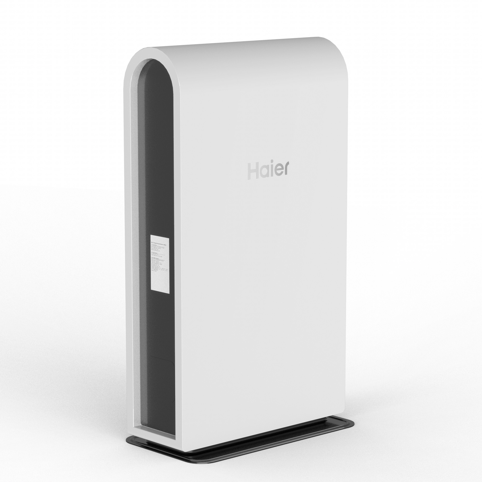 Weißer, moderner Luftreiniger mit dem Haier-Logo. Er hat ein geschwungenes Design mit schwarzem Sockel.