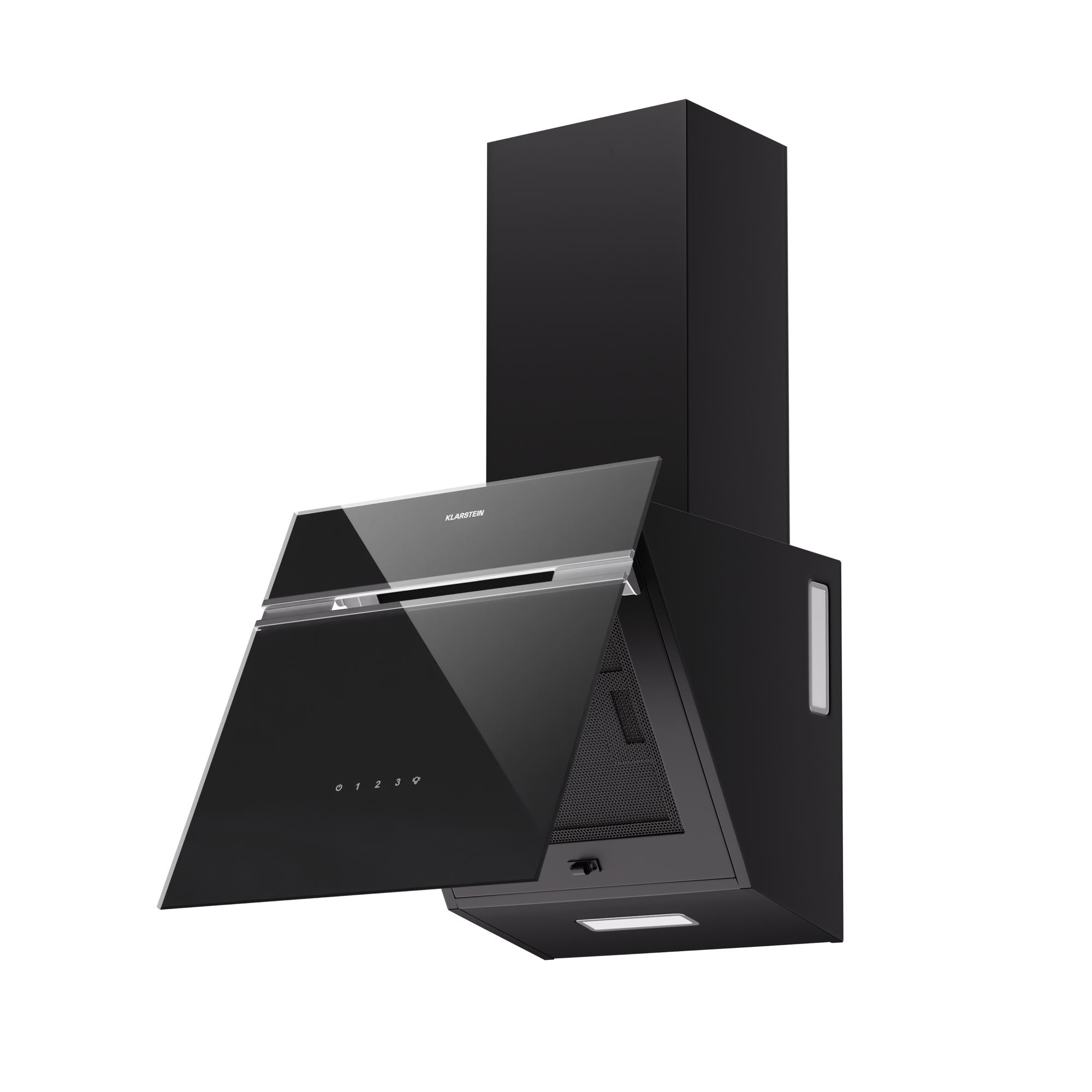 Una campana extractora de cocina negra moderna con frente de vidrio y diseño angular, luces encendidas.