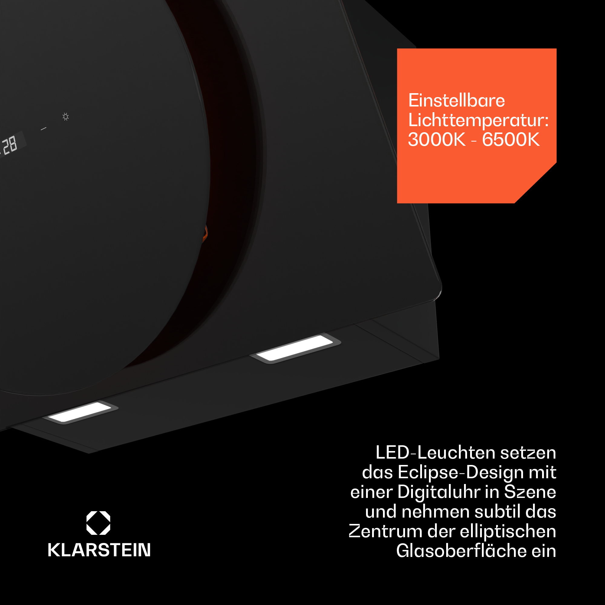 Primer plano de una campana extractora con reloj digital, luces LED y texto sobre sus características sobre fondo oscuro.